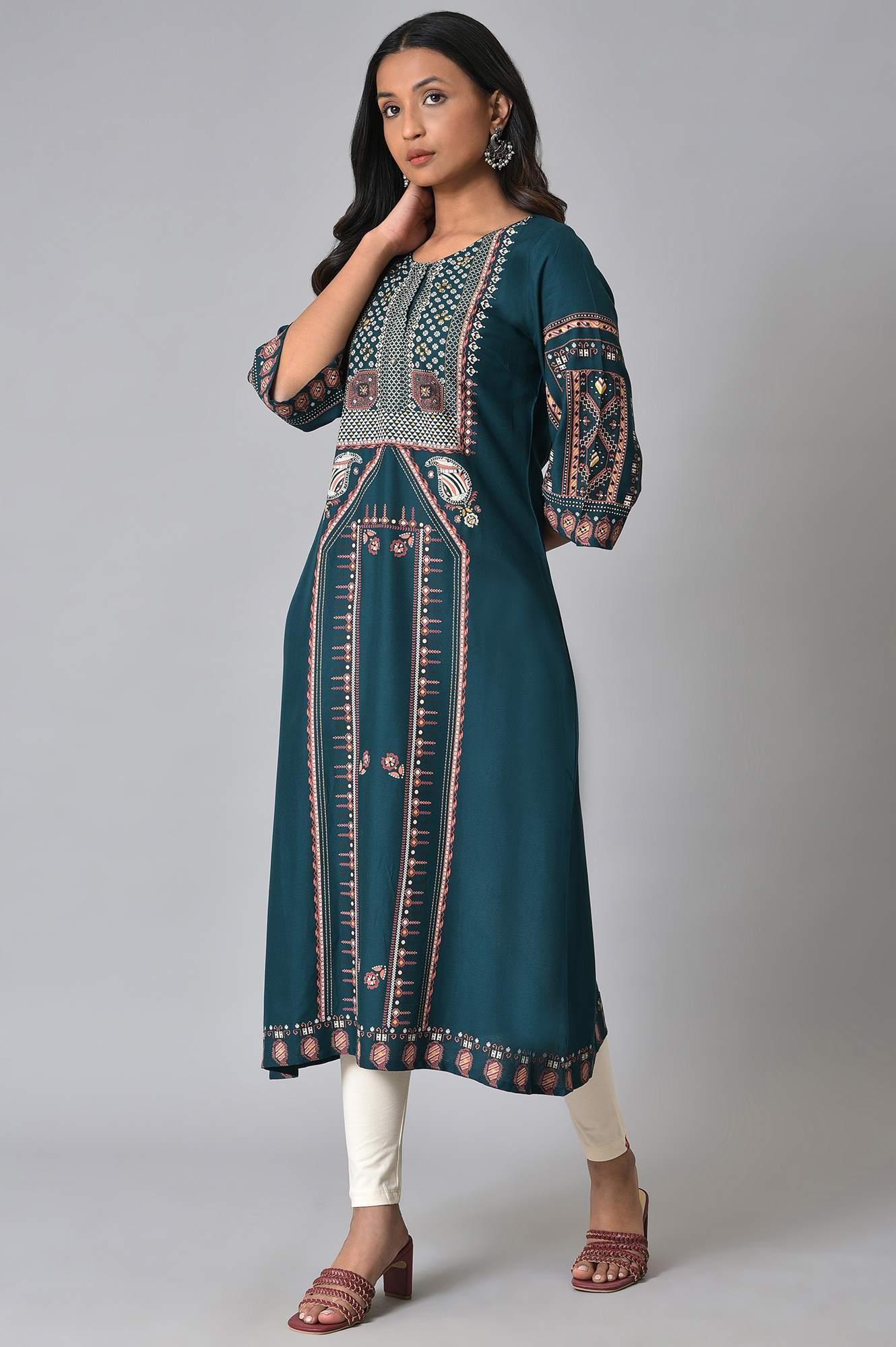 Teal Fusion A-Line kurta - Image 3
