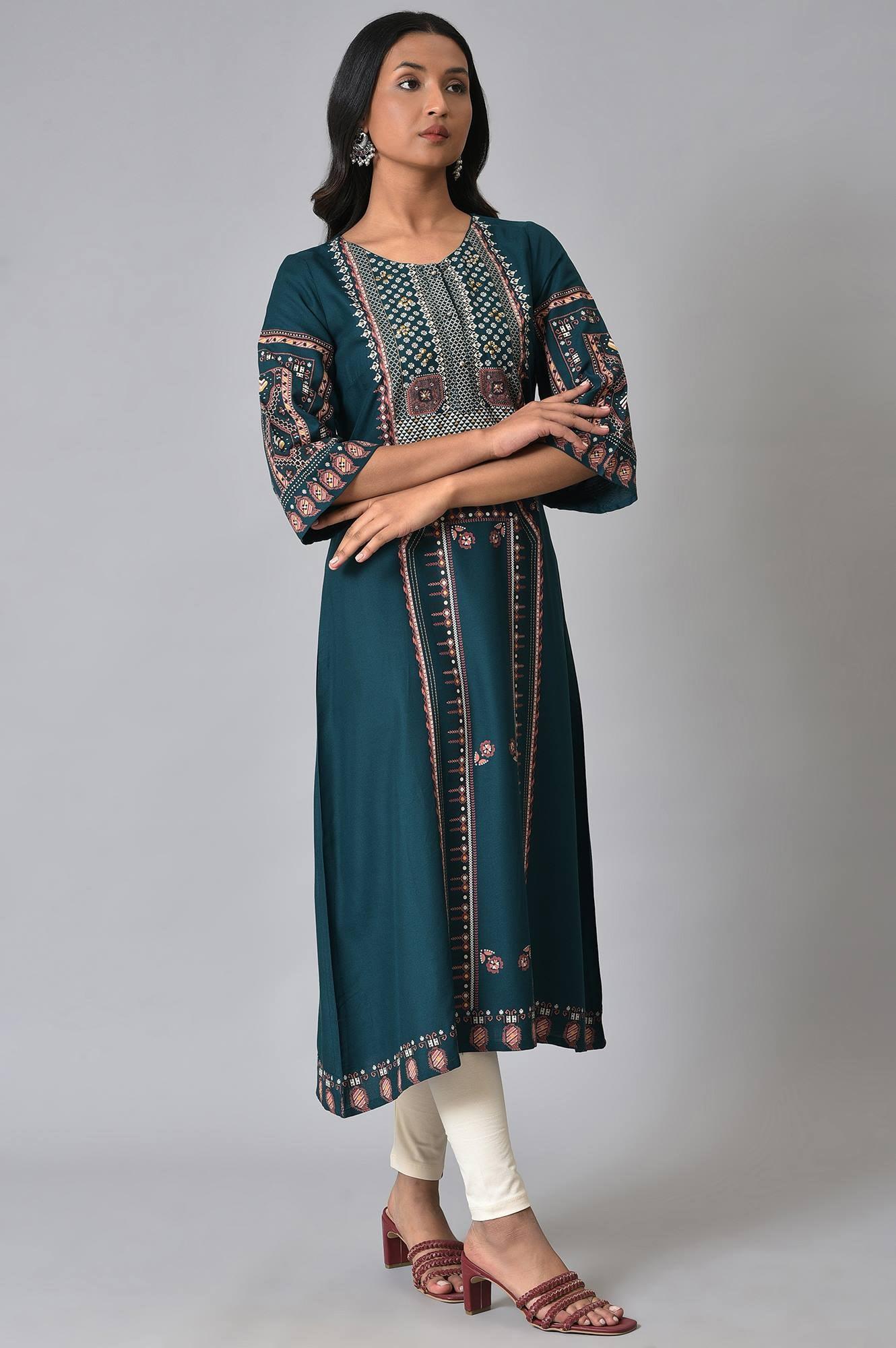 Teal Fusion A-Line kurta - Image 4