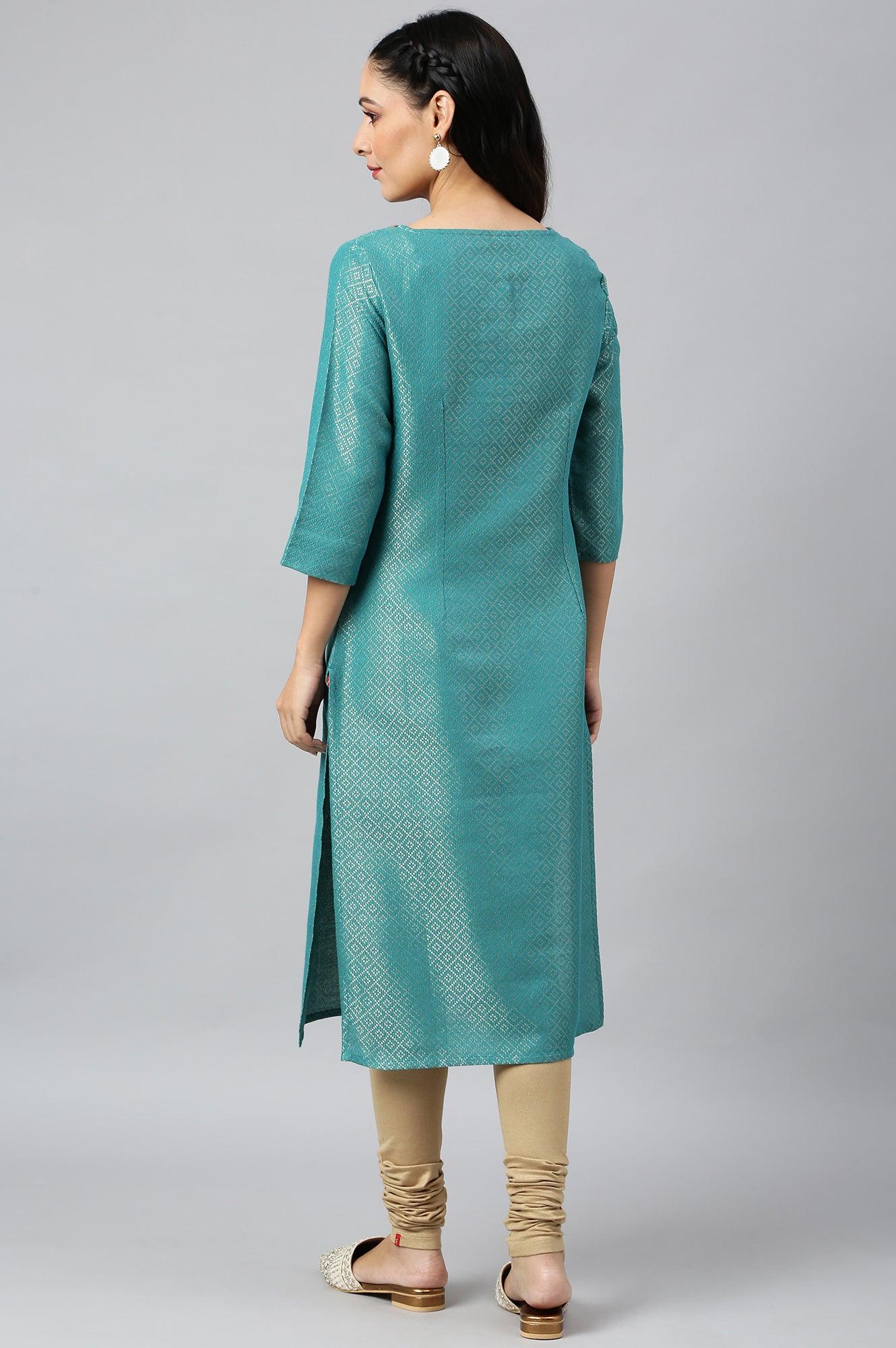 Teal Geometric Print Dobby kurta - Image 4