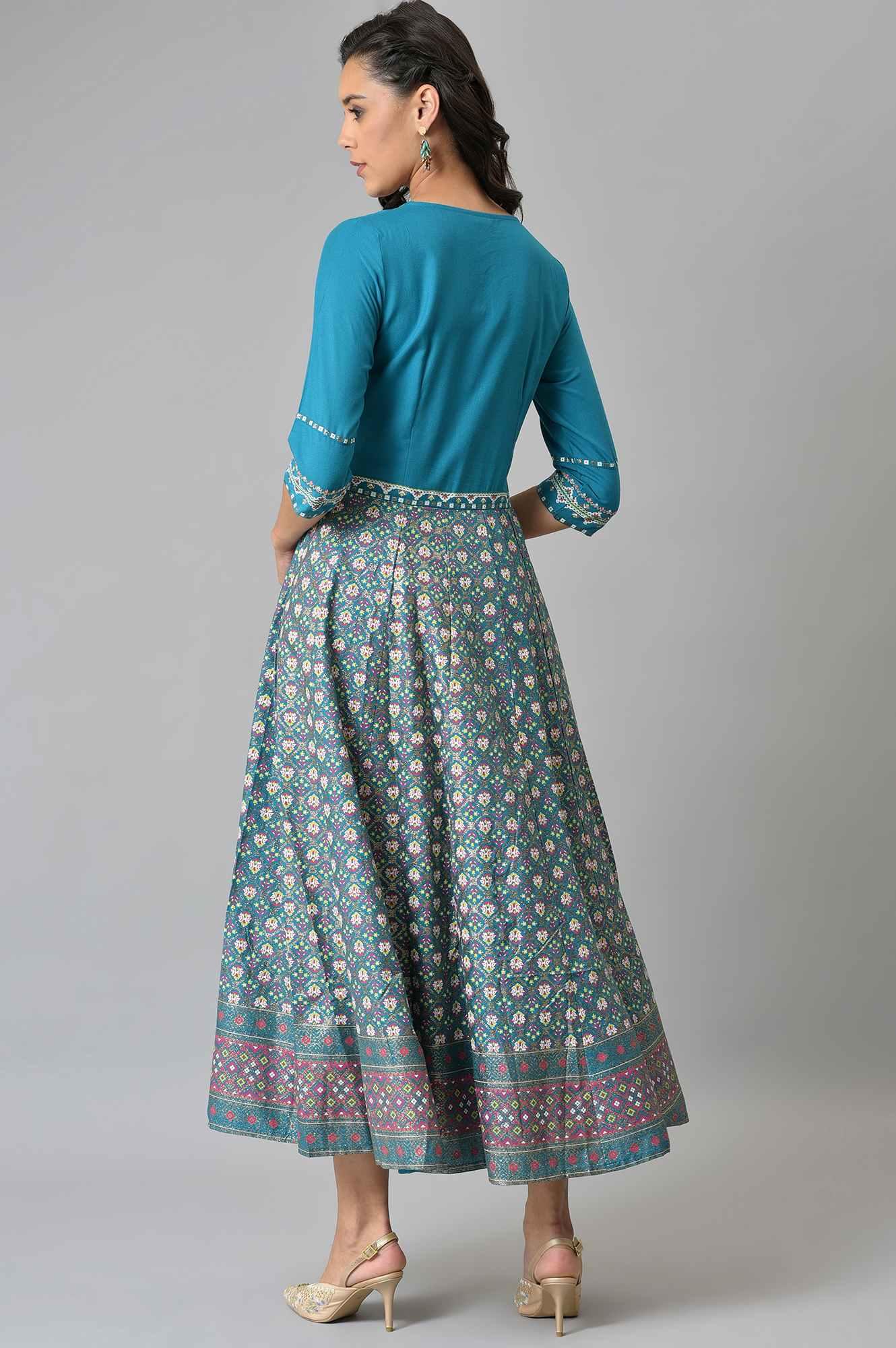 Teal Glitter Printed Dress With Embroidery - Image 2