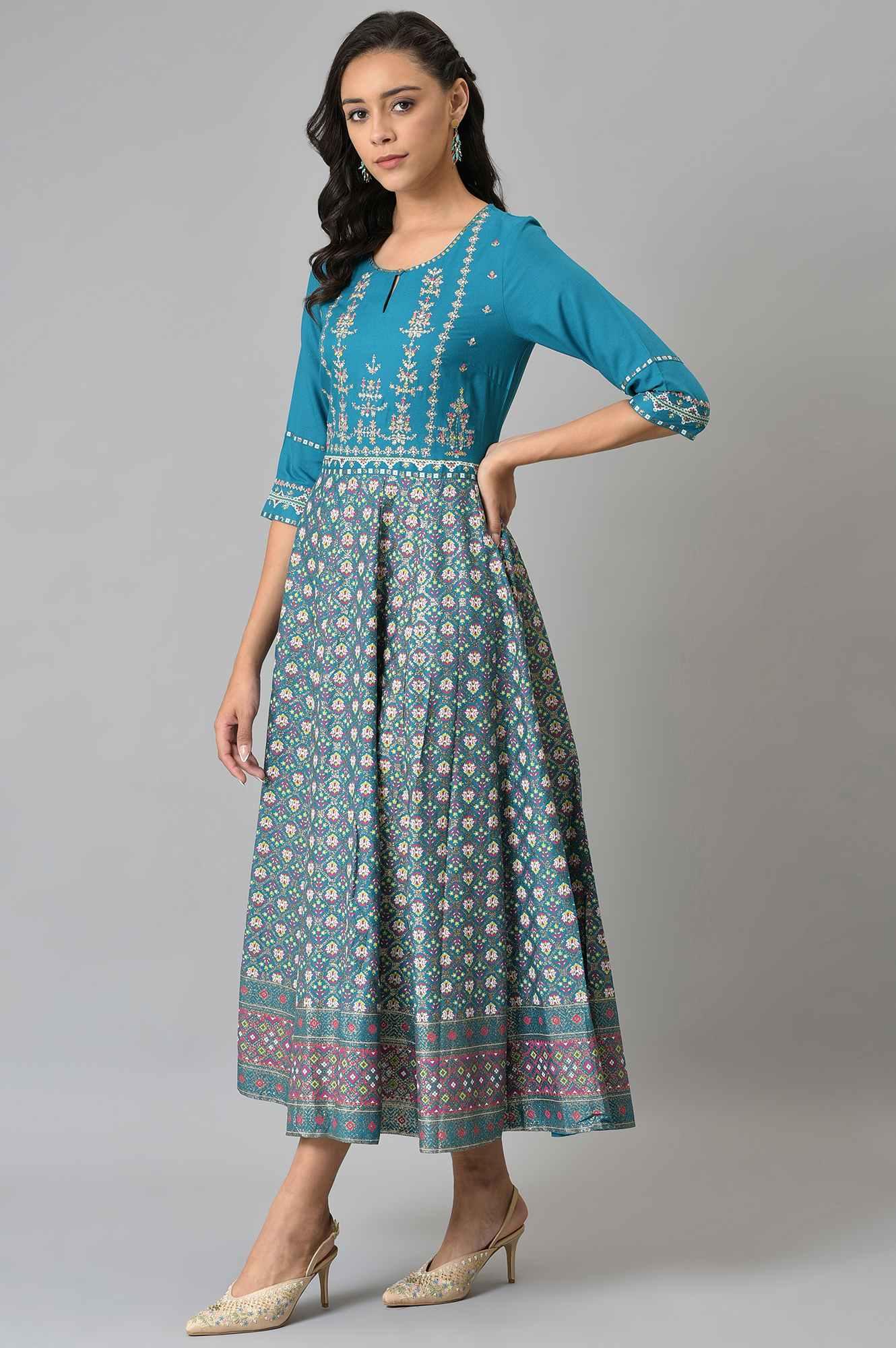 Teal Glitter Printed Dress With Embroidery - Image 3