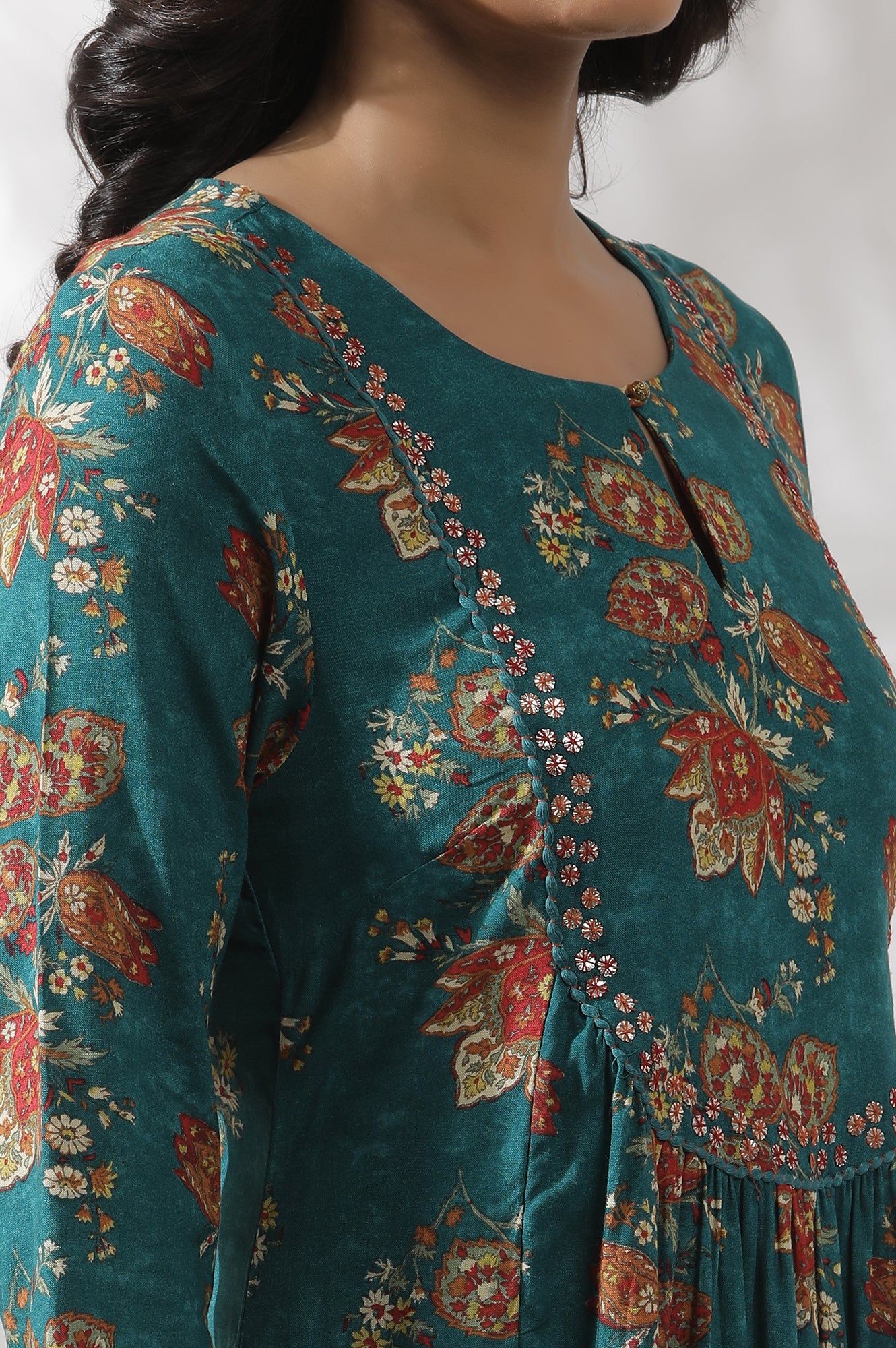 Teal Green A-Line Printed Kurta and Pants - Image 6