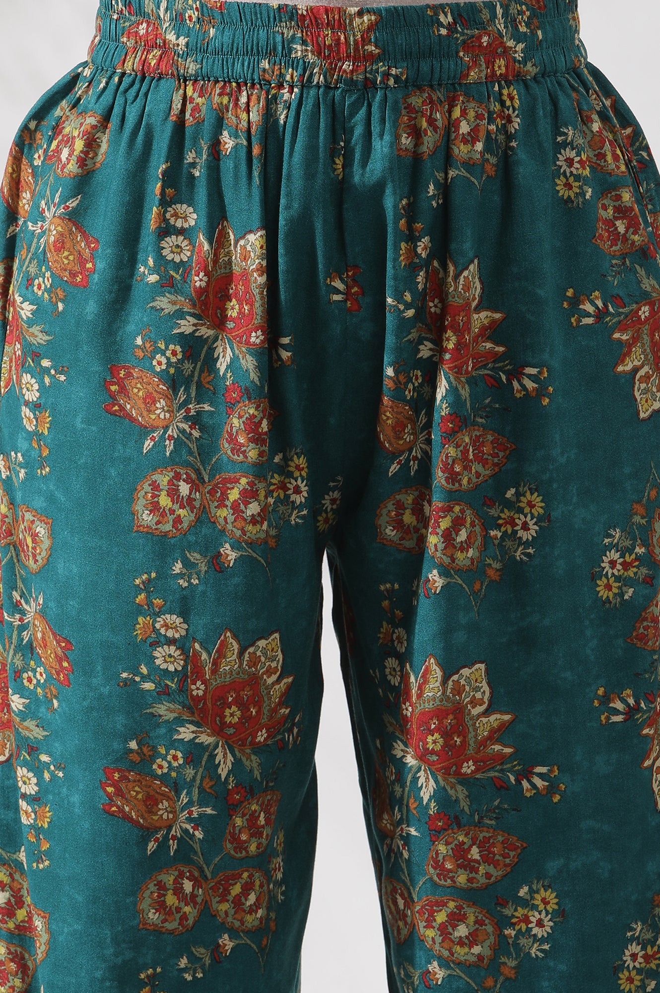 Teal Green A-Line Printed Kurta and Pants - Image 8