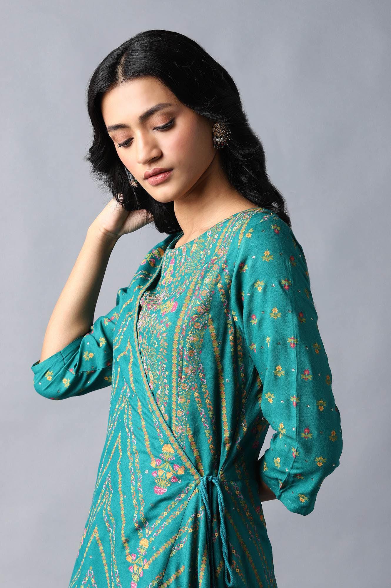 Teal Green Angrakha Jumpsuit In Round Neck - Image 5