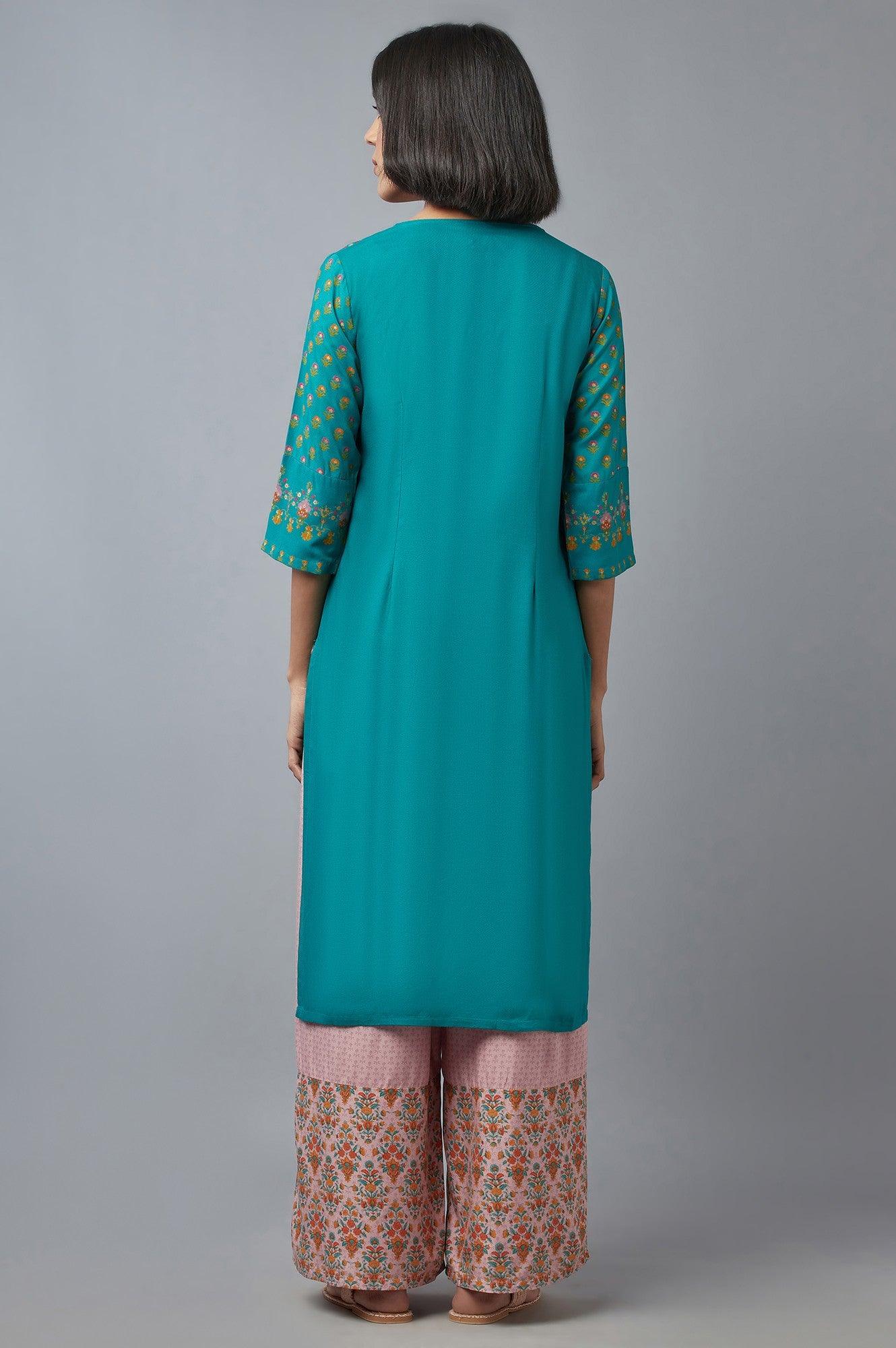 Teal Green Angrakha kurta with Sequin and Bead Work - Image 2