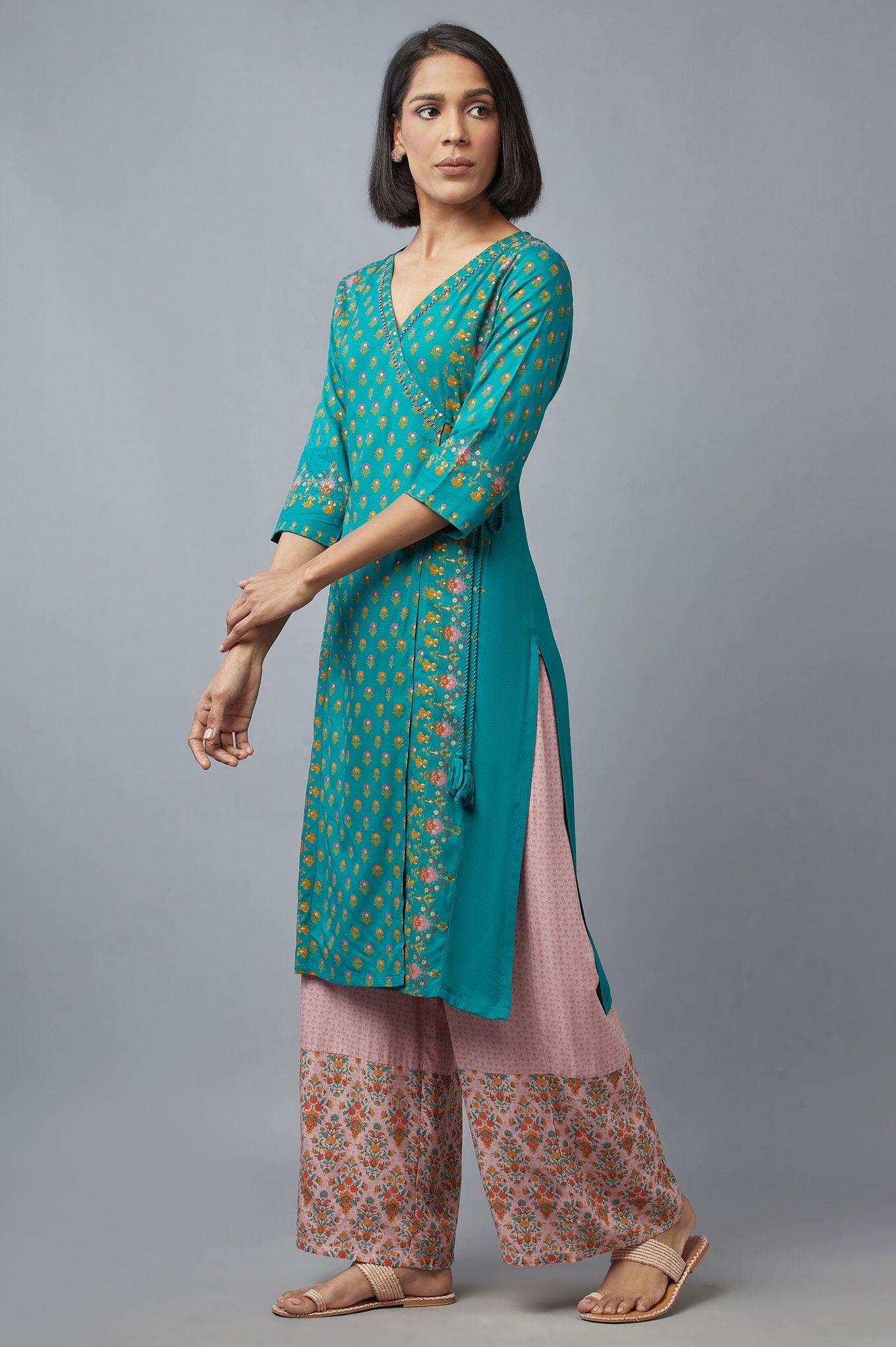 Teal Green Angrakha kurta with Sequin and Bead Work - Image 3