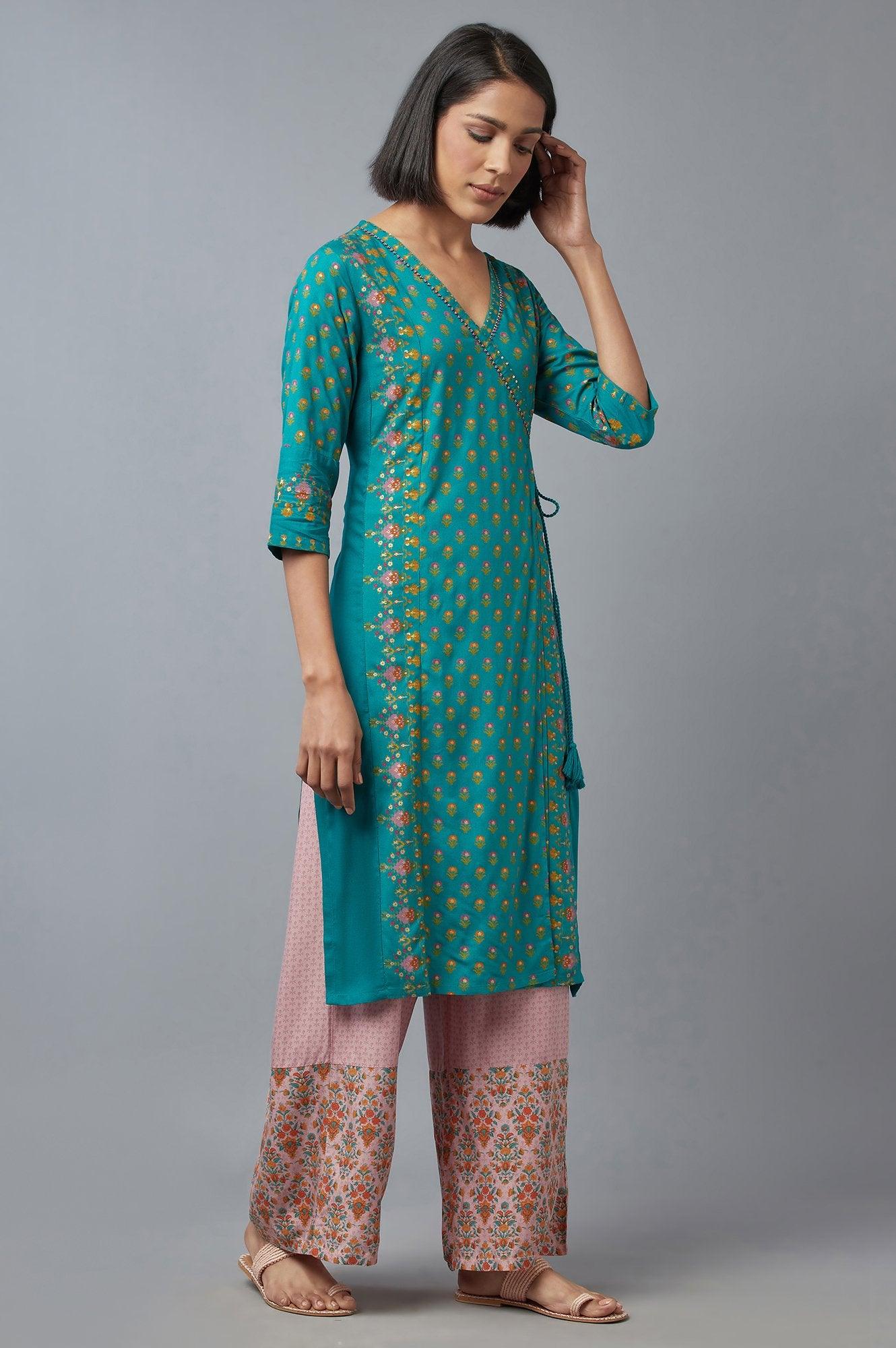 Teal Green Angrakha kurta with Sequin and Bead Work - Image 4