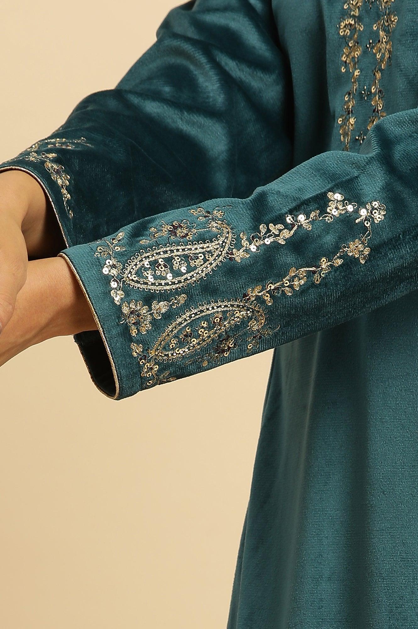 Teal Green Embroidered Flared Velvet Kurta - Image 7