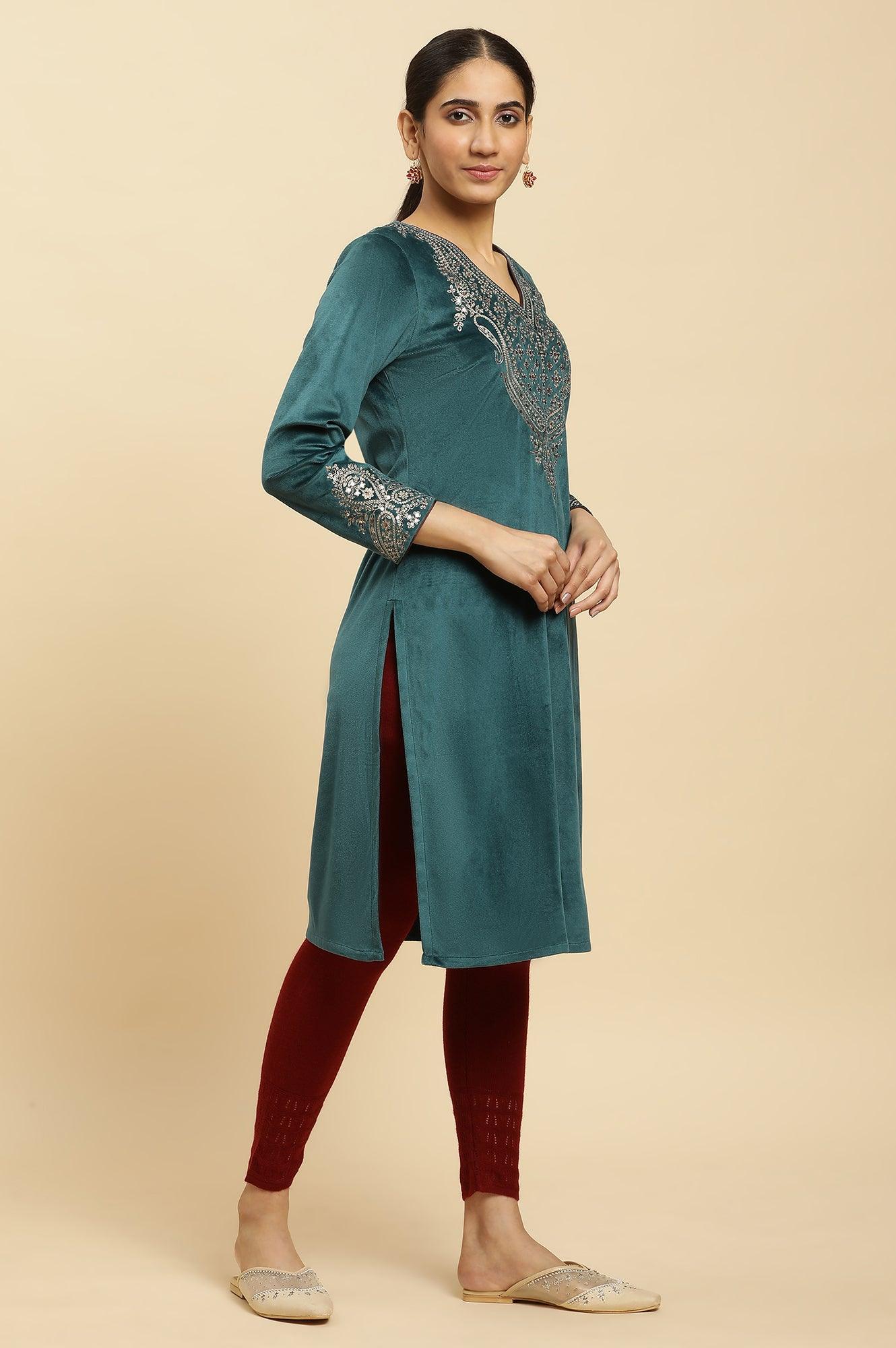 Teal Green Embroidered Velvet Winter Kurta - Image 4