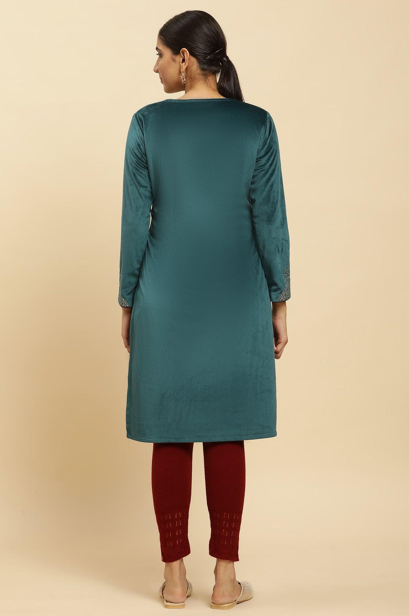 Teal Green Embroidered Velvet Winter Kurta - Image 5