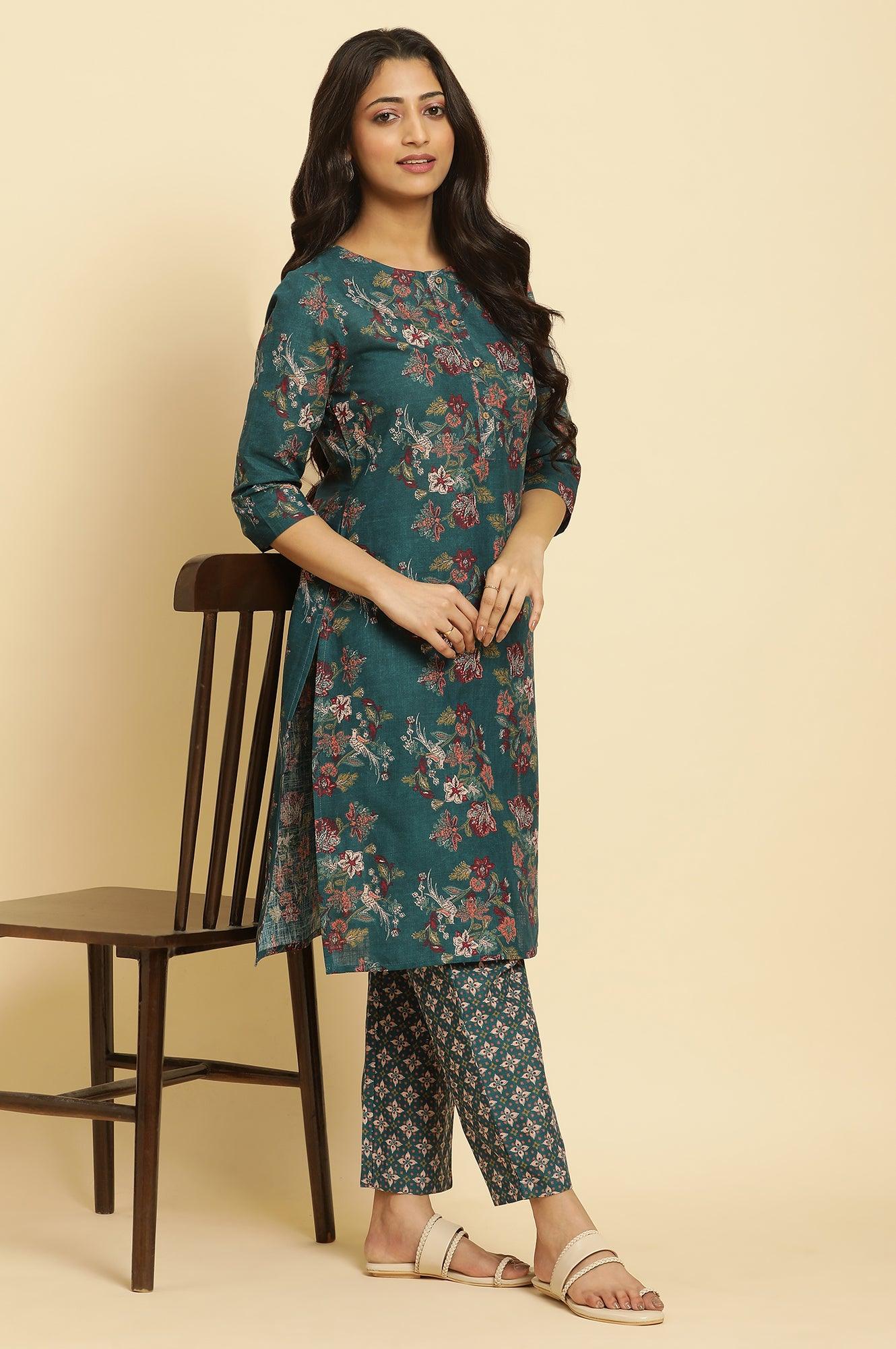 Teal Green Floral Printed Kurta And Pants Set