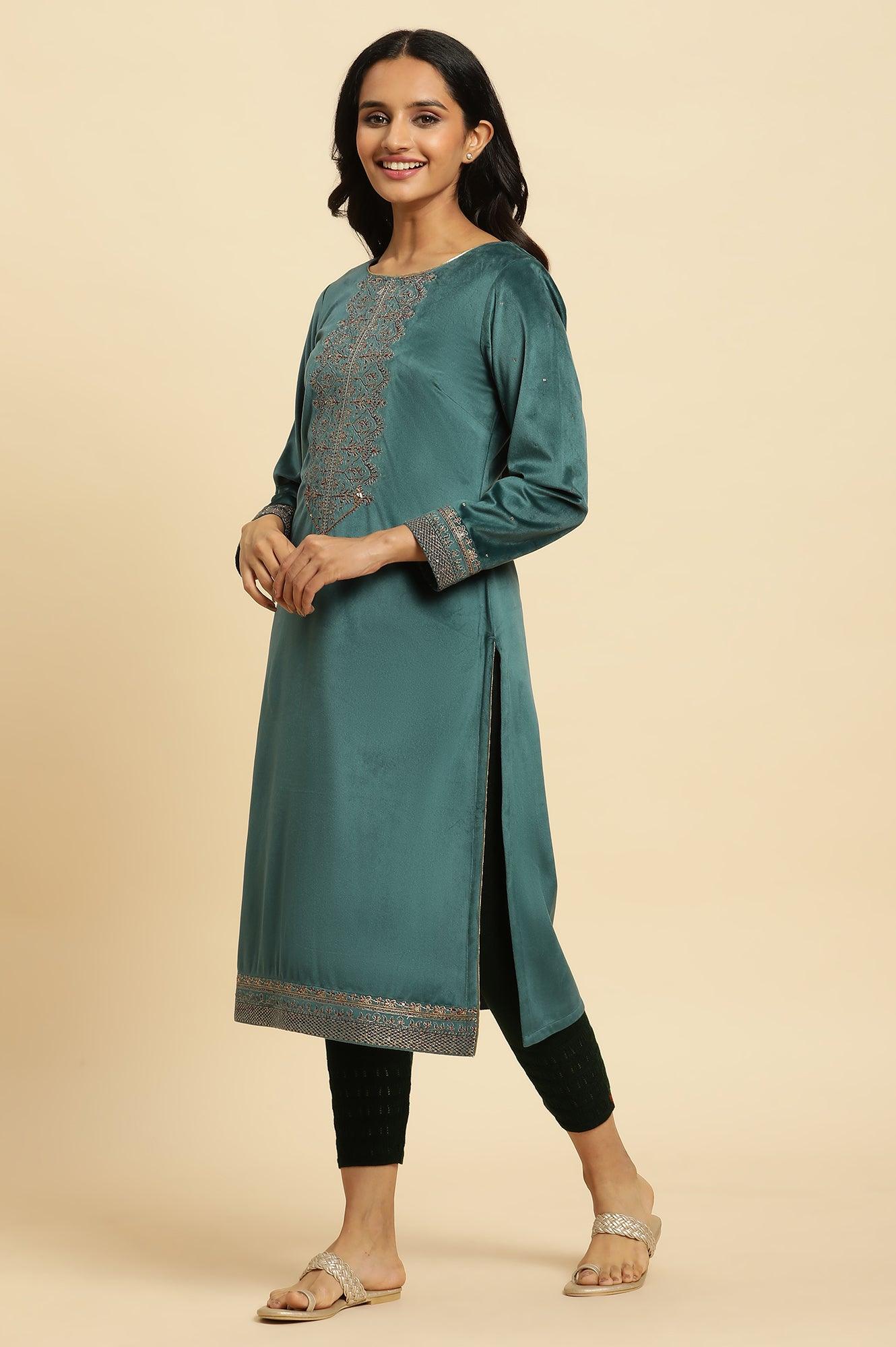 Teal Green Velvet Embroidered Festive Winter Kurta - Image 3