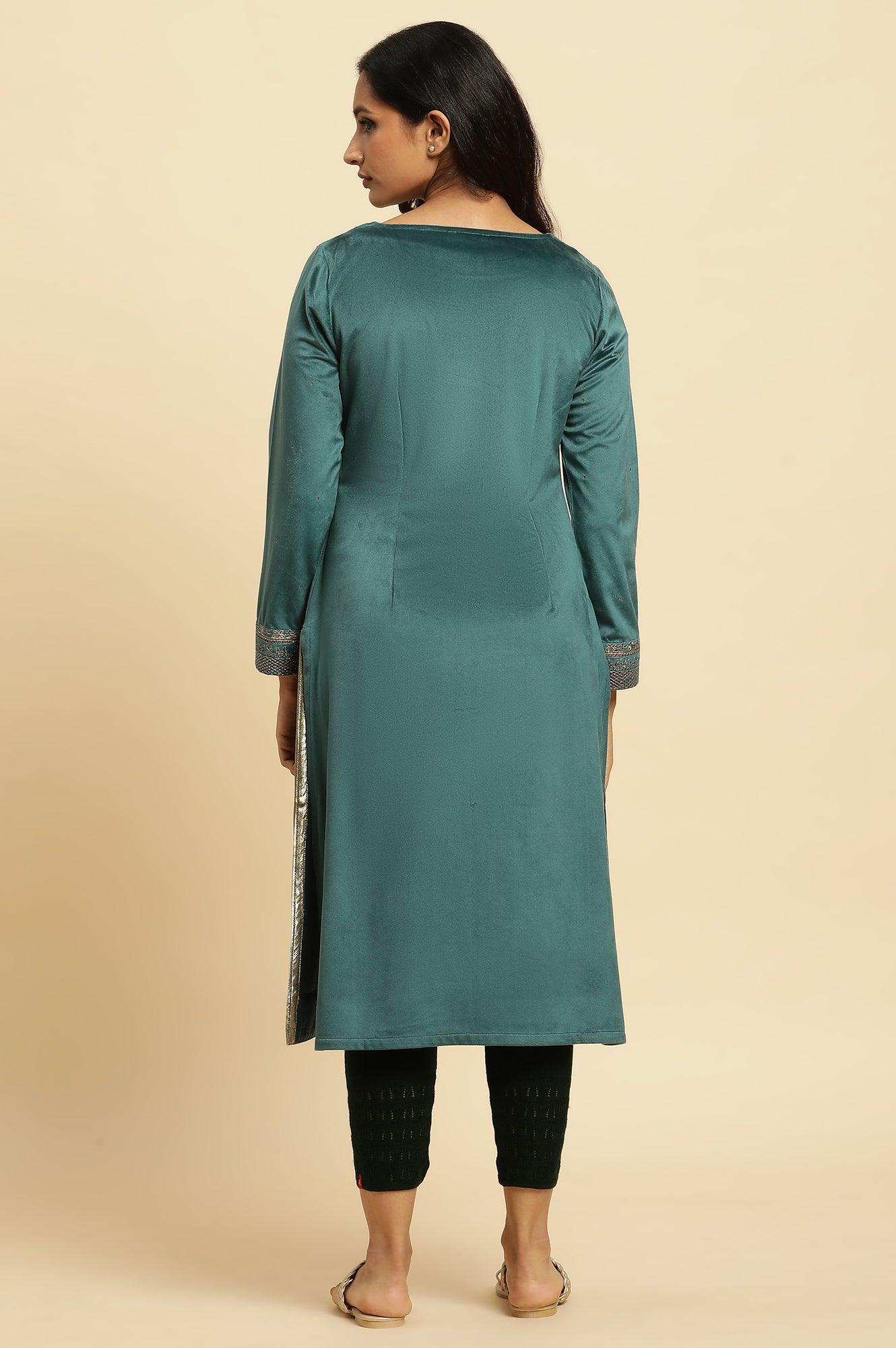 Teal Green Velvet Embroidered Festive Winter Kurta - Image 4