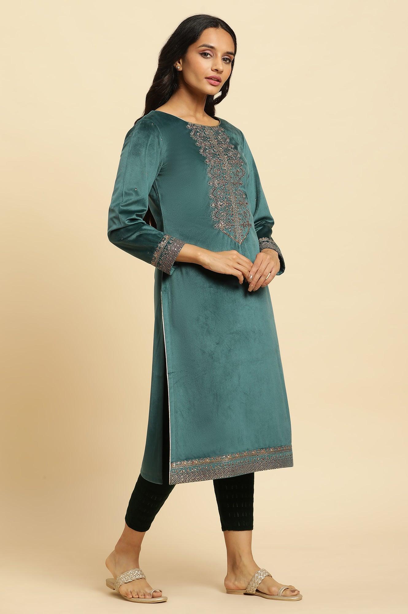 Teal Green Velvet Embroidered Festive Winter Kurta - Image 5