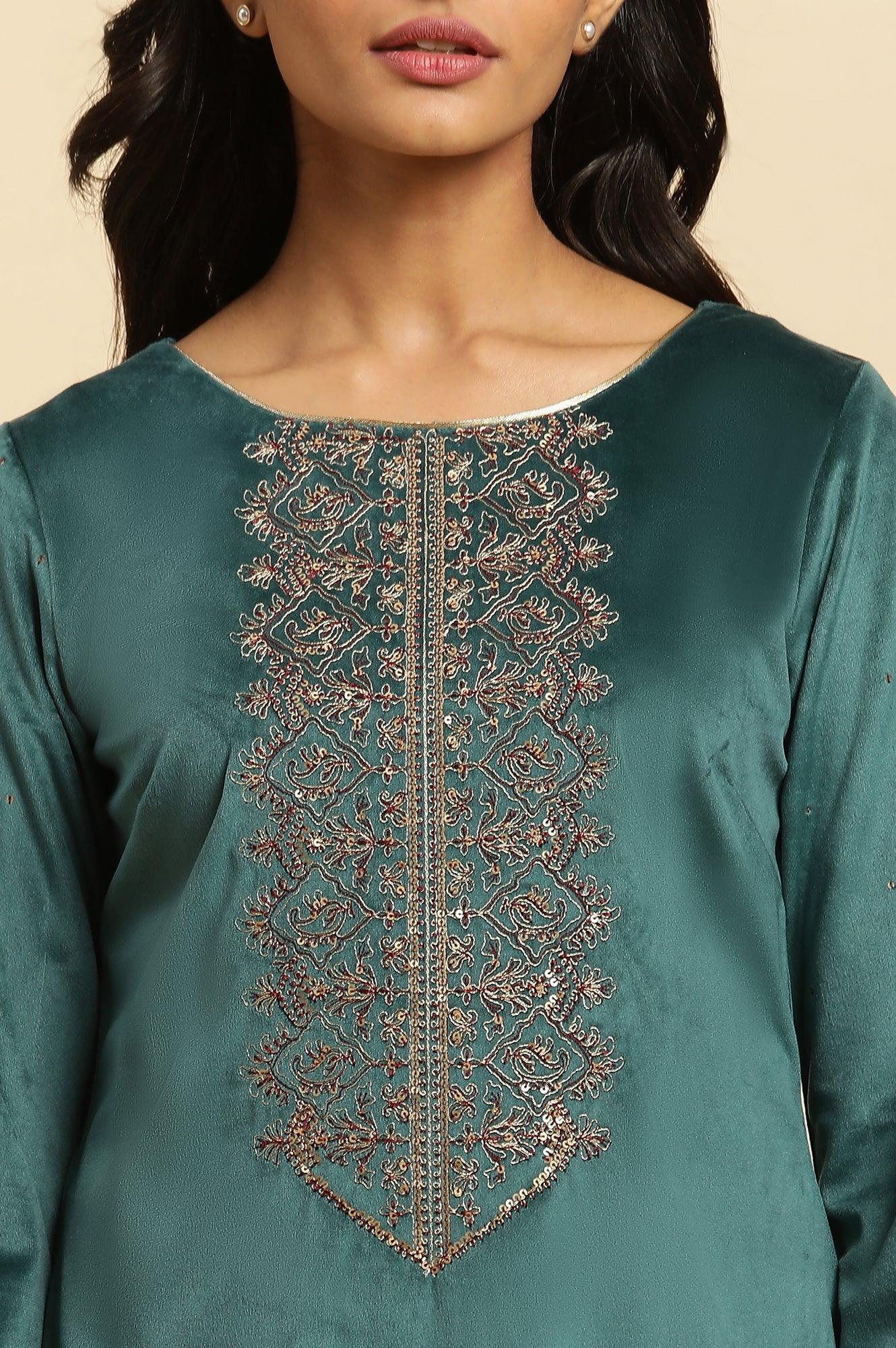 Teal Green Velvet Embroidered Festive Winter Kurta - Image 6