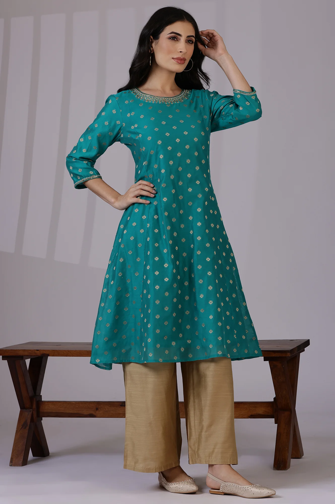 Teal Green Yarn-Dyed Chanderi Straight Kurta with Embroidered Neck - Image 6