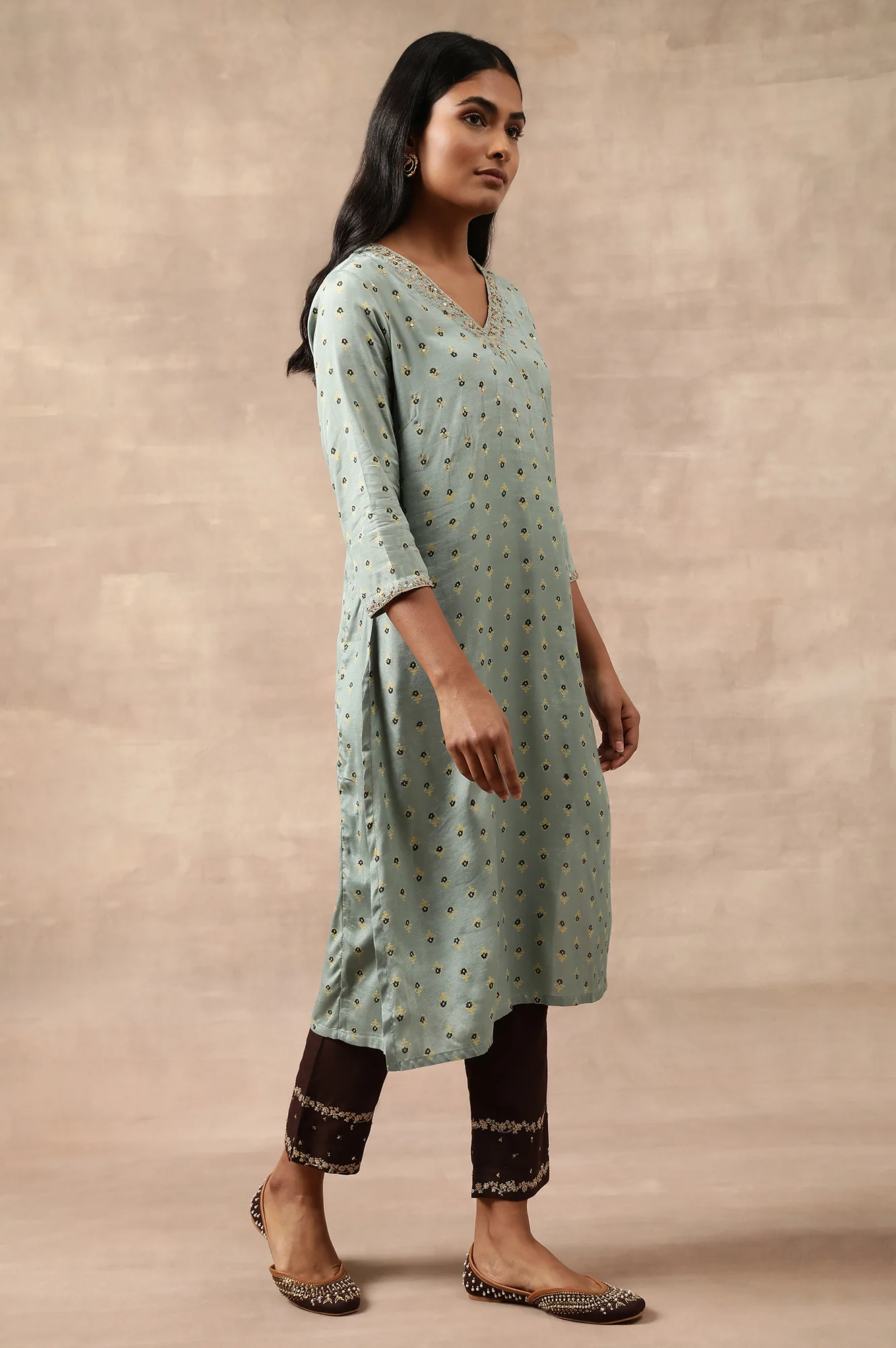 Teal Hand Block Print V-Neck kurta - Image 4