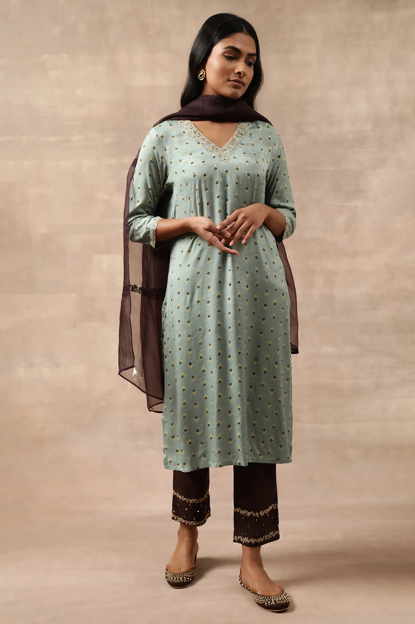 Teal Hand Block Print V-Neck kurta - Image 5