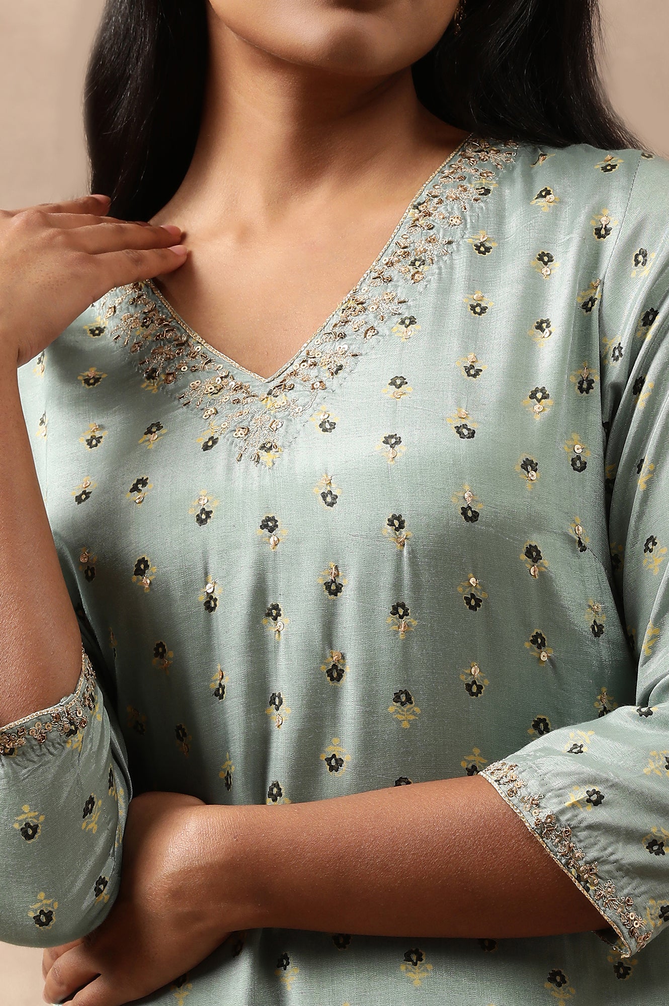 Teal Hand Block Print V-Neck kurta - Image 7