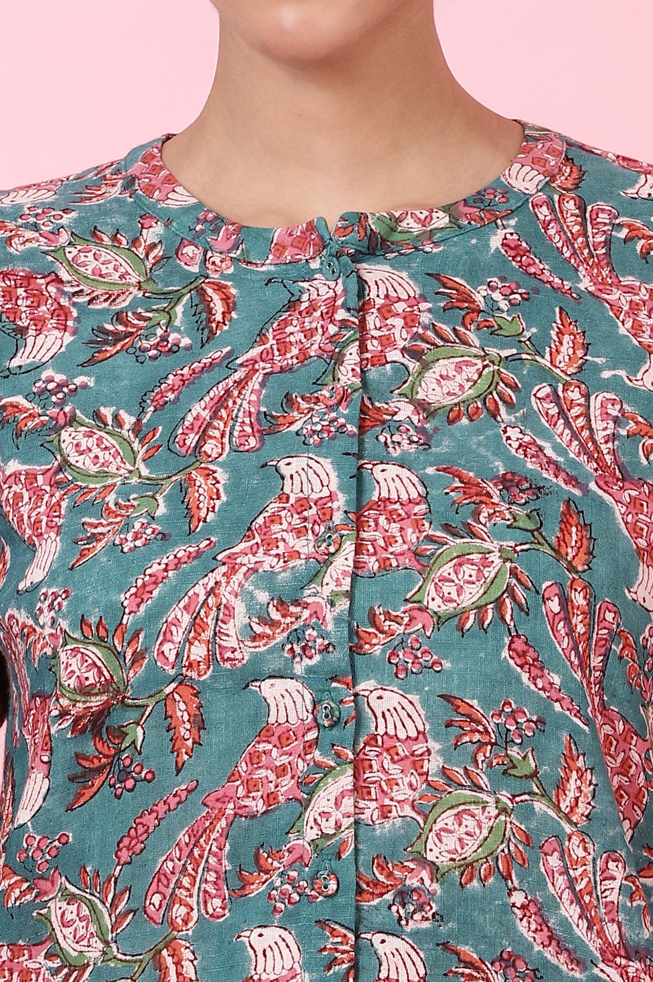Teal Handblock Printed Shirt - Image 4