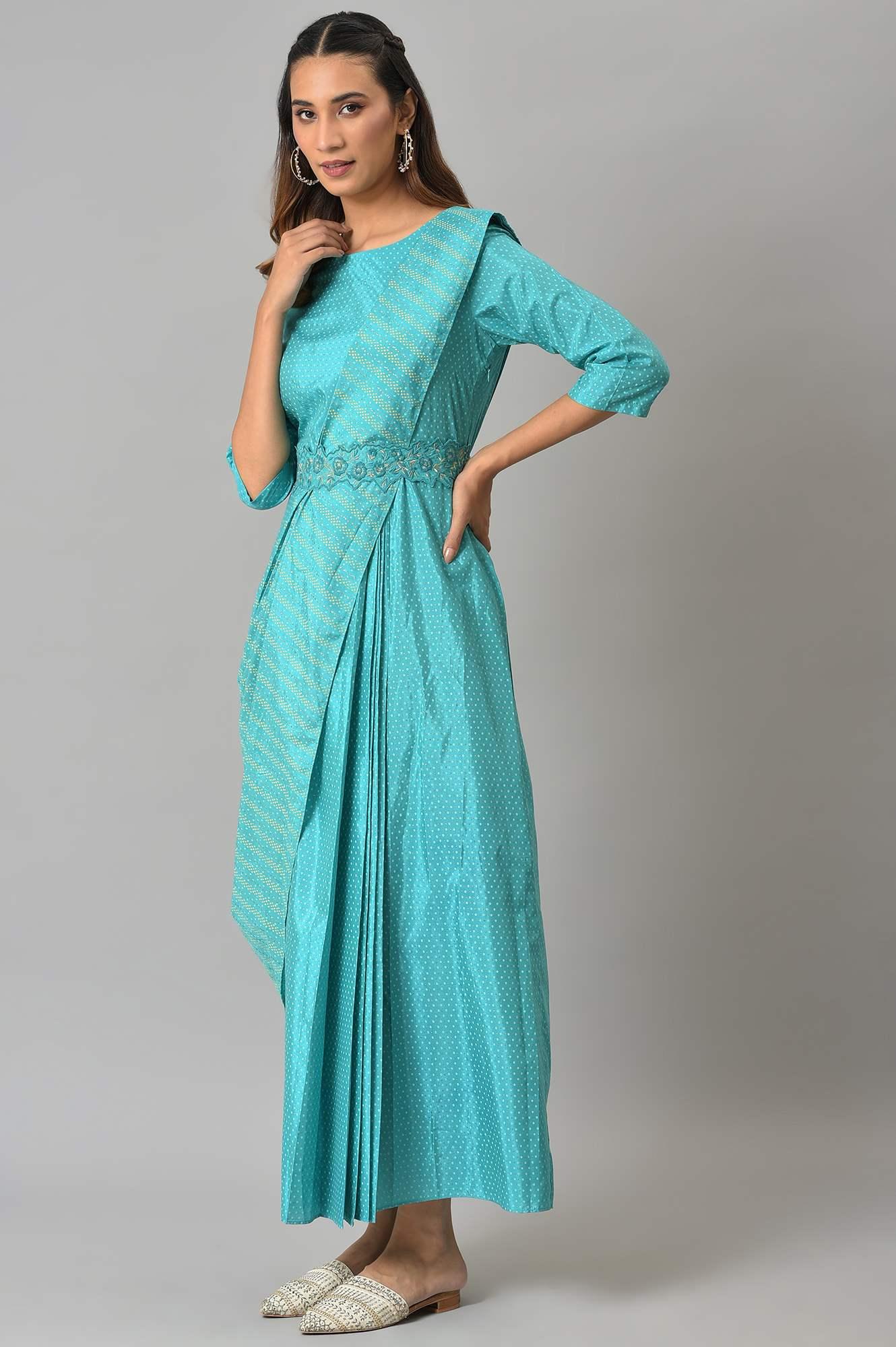 Teal Insta Saree Dress with Embroidered Belt - Image 3
