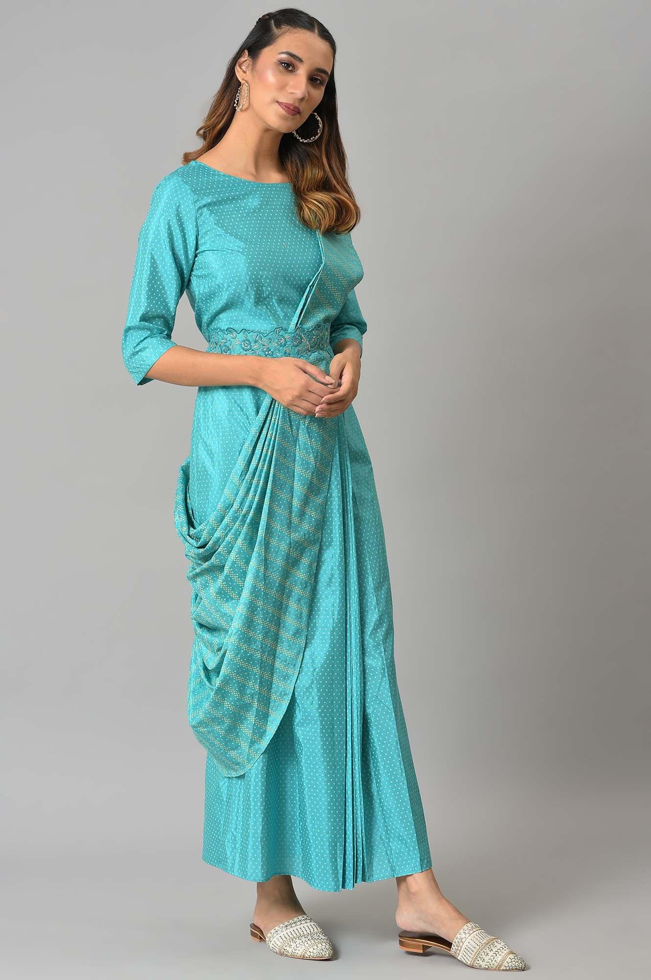 Teal Insta Saree Dress with Embroidered Belt - Image 4