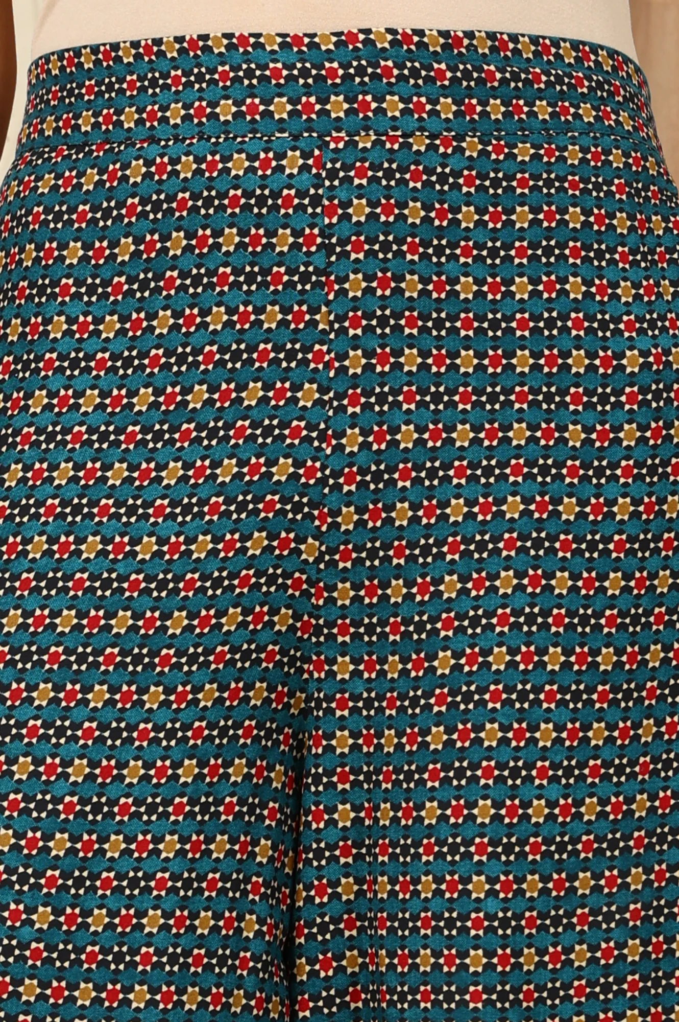 Teal Multi-Coloured Geometric Printed Parallel Pants With Printed Hemline - Image 5