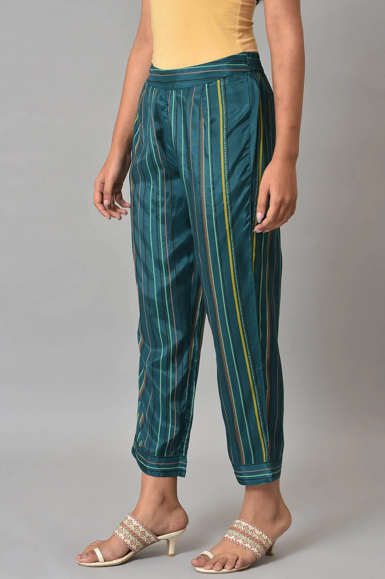 Teal Multi-Coloured Stripe Print Pants - Image 3