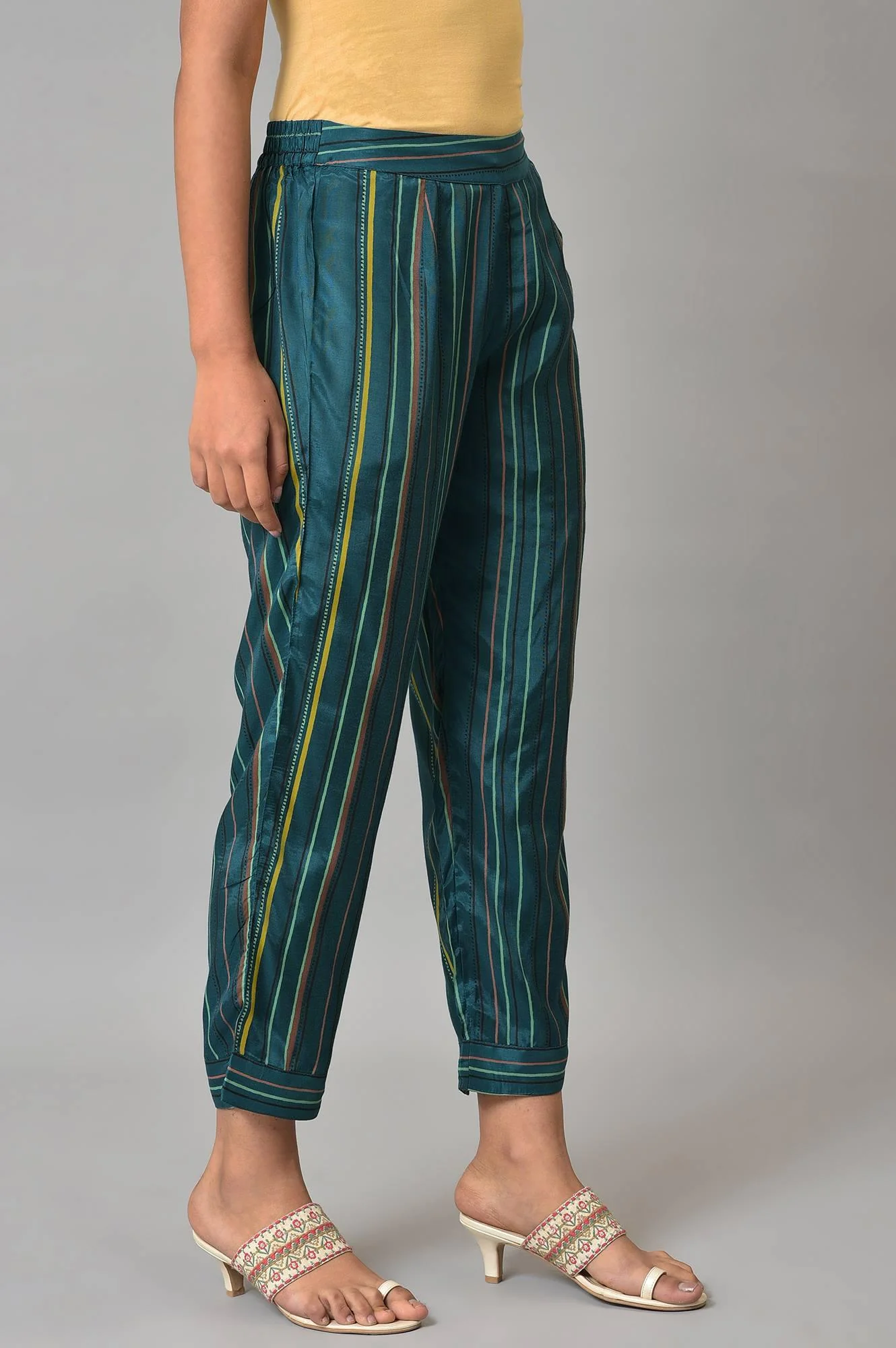 Teal Multi-Coloured Stripe Print Pants - Image 4