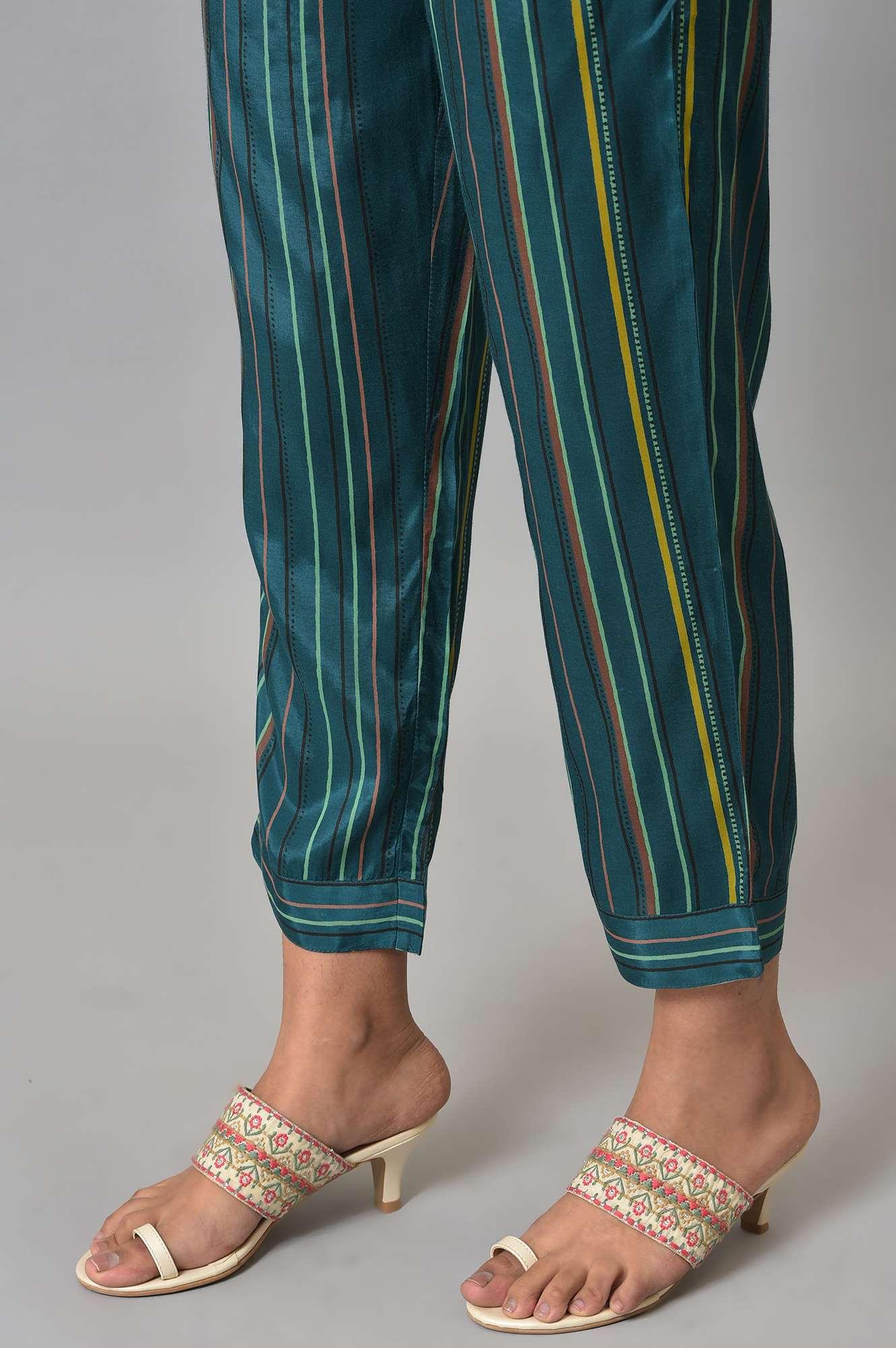 Teal Multi-Coloured Stripe Print Pants - Image 8