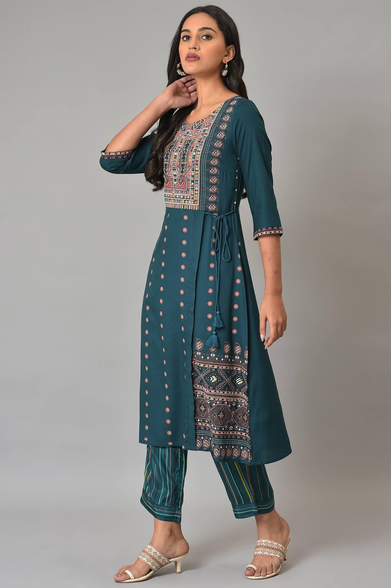 Teal Printed A-Line Mock Layer kurta - Image 3