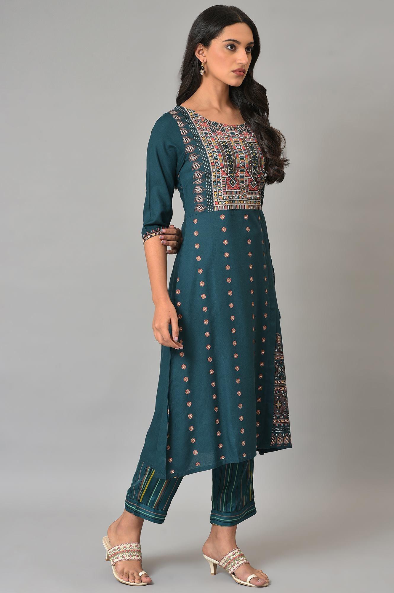 Teal Printed A-Line Mock Layer kurta - Image 4