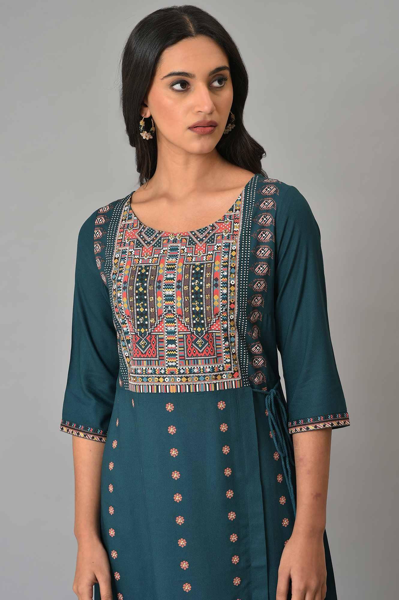 Teal Printed A-Line Mock Layer kurta - Image 5