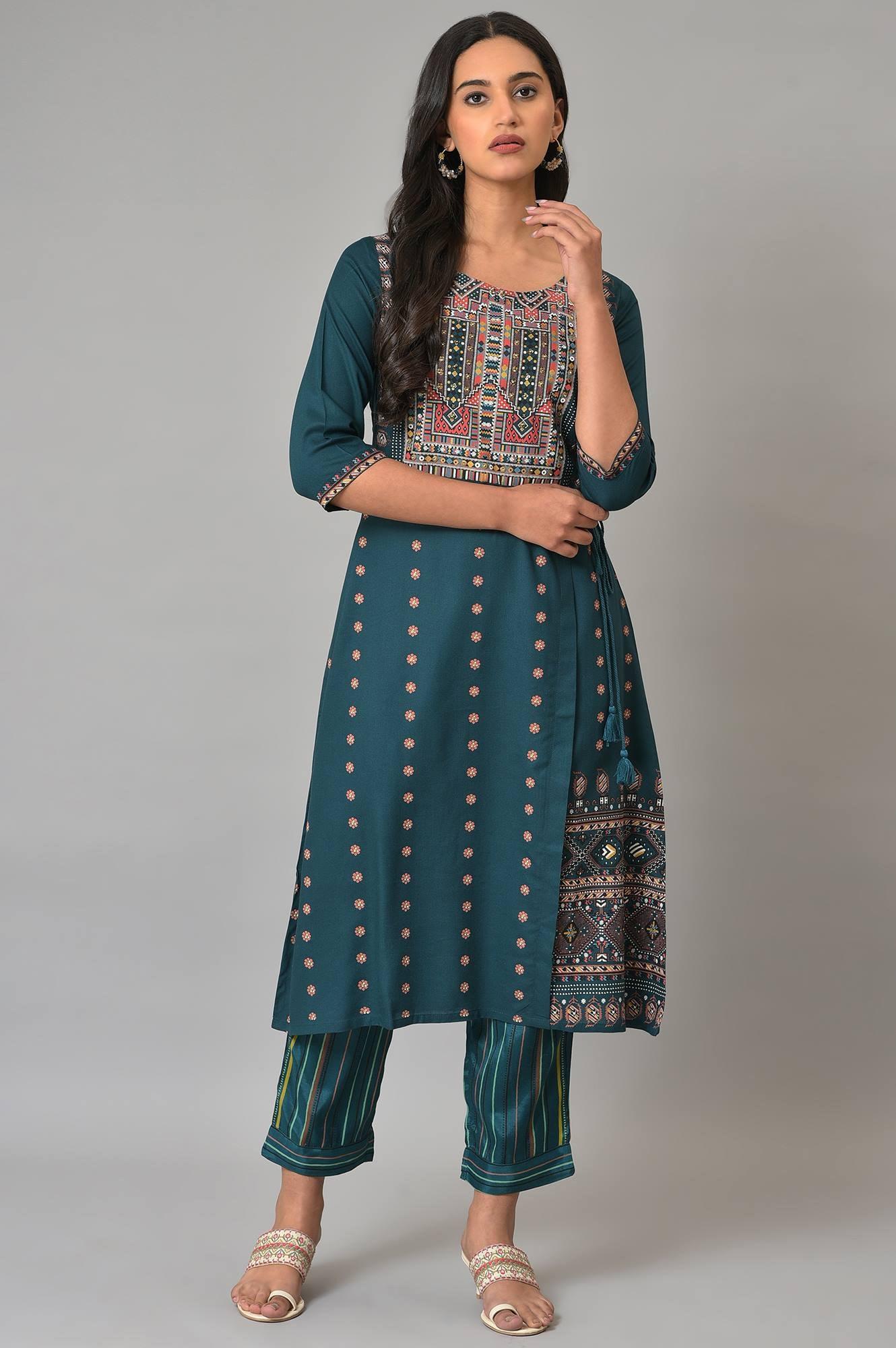 Teal Printed A-Line Mock Layer kurta - Image 6