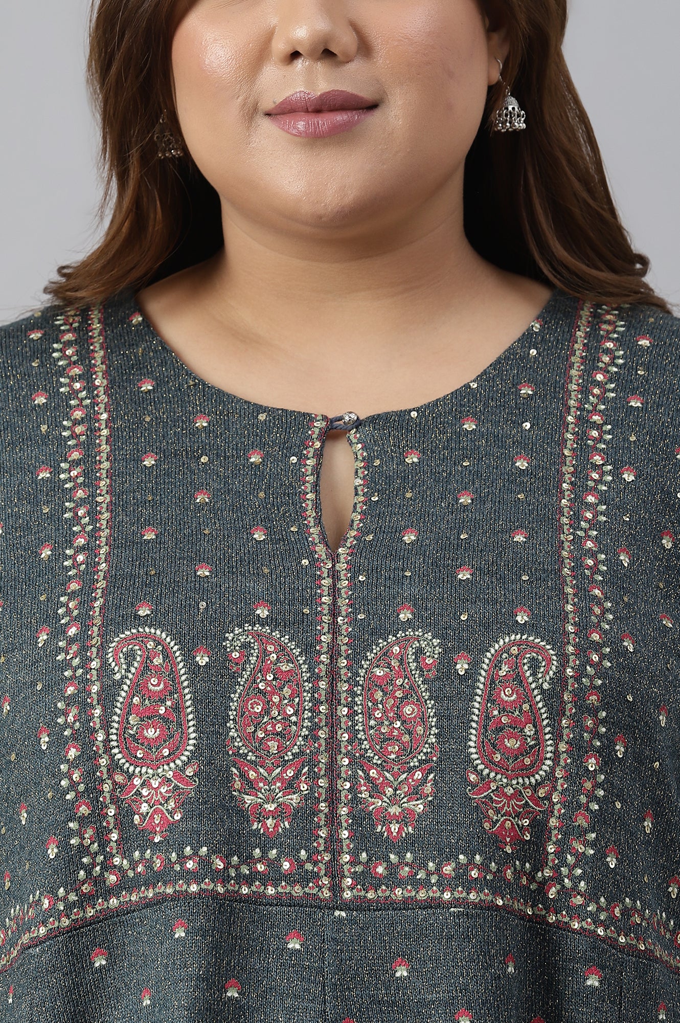 Teal Printed A-Line Plus Size Winter kurta - Image 5
