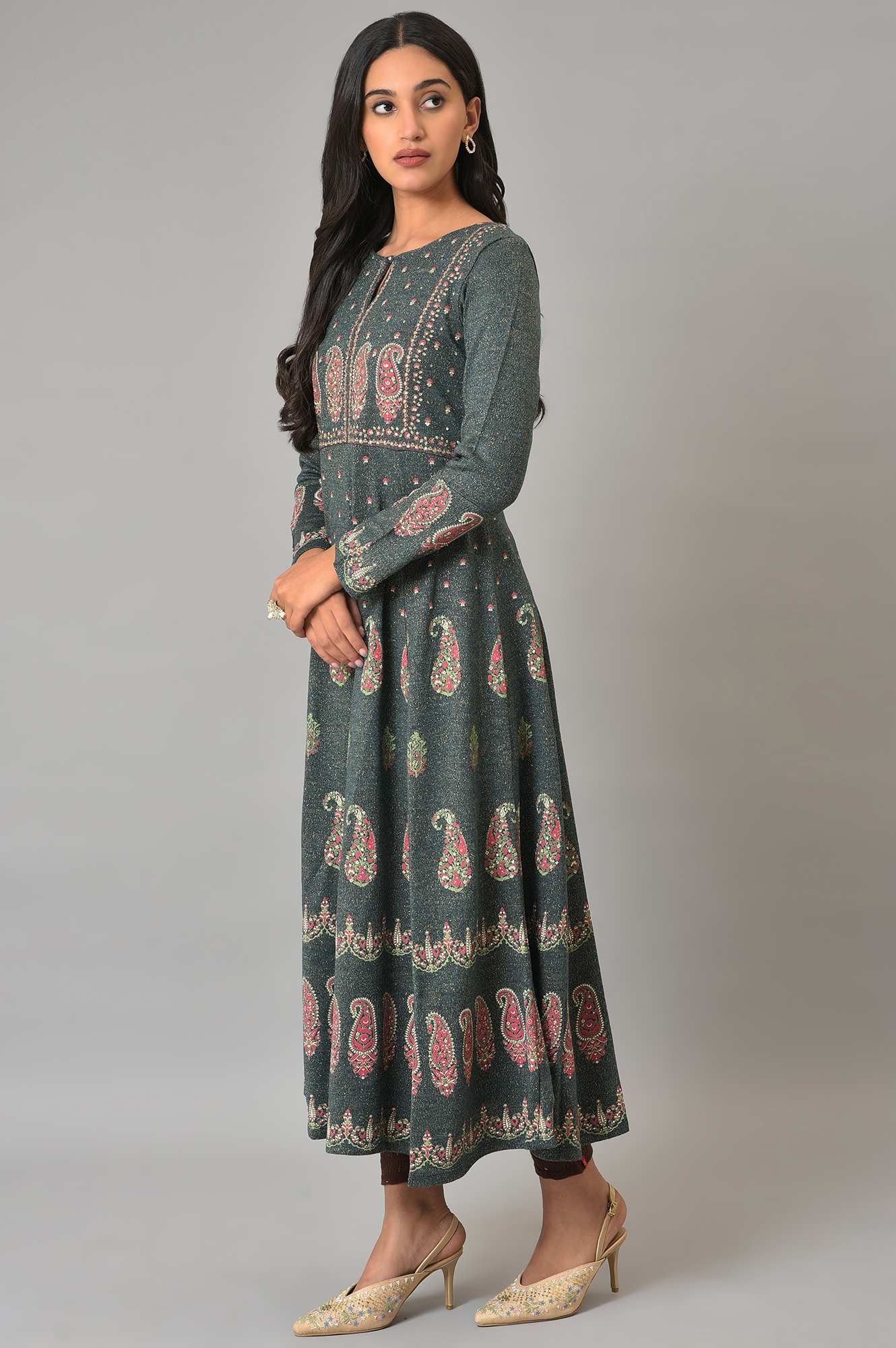 Teal Printed A-Line Winter Dress - Image 3