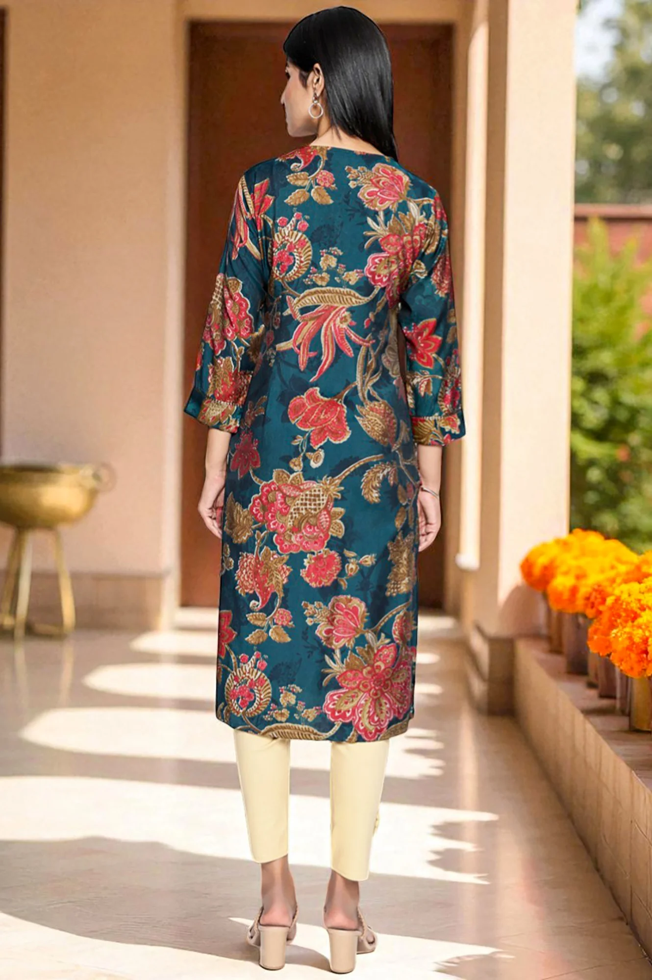 Teal Printed Crepe Straight Kurta - Image 5