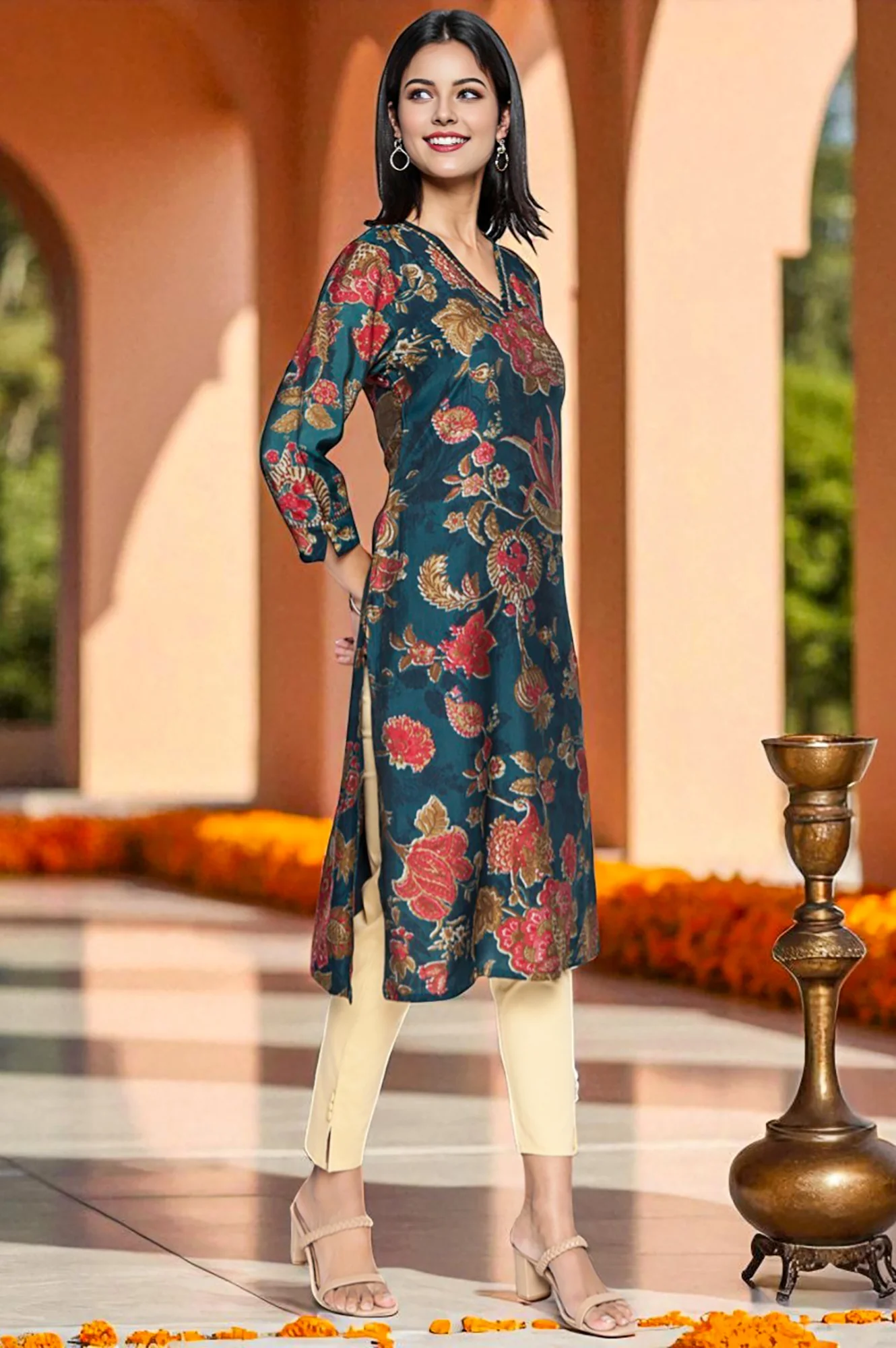 Teal Printed Crepe Straight Kurta - Image 6