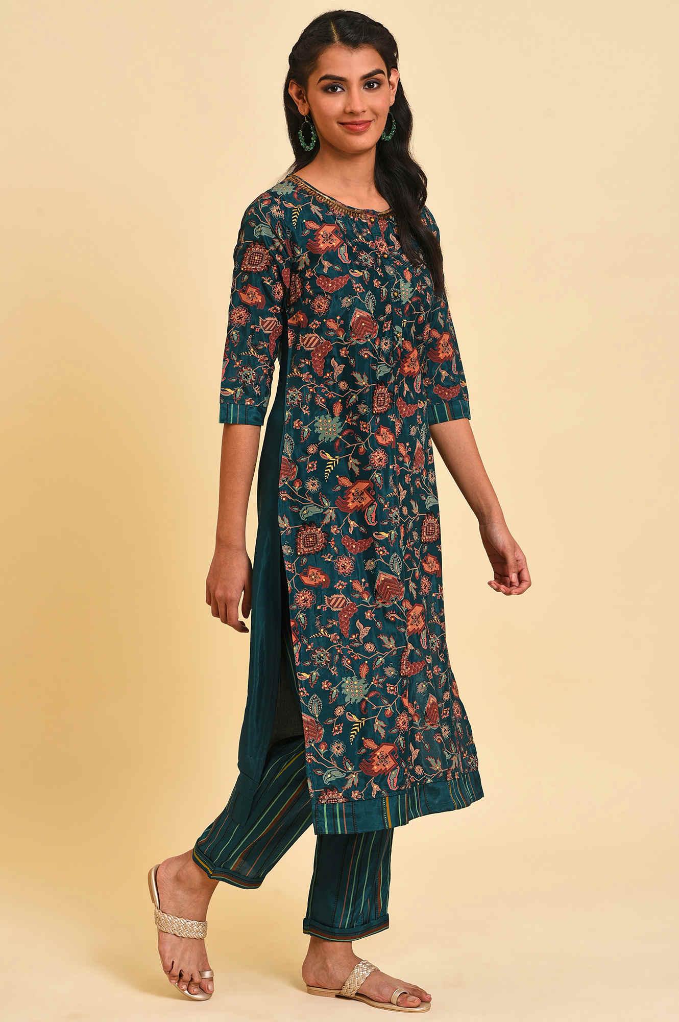 Teal Printed Embellished Neck Straight kurta - Image 4