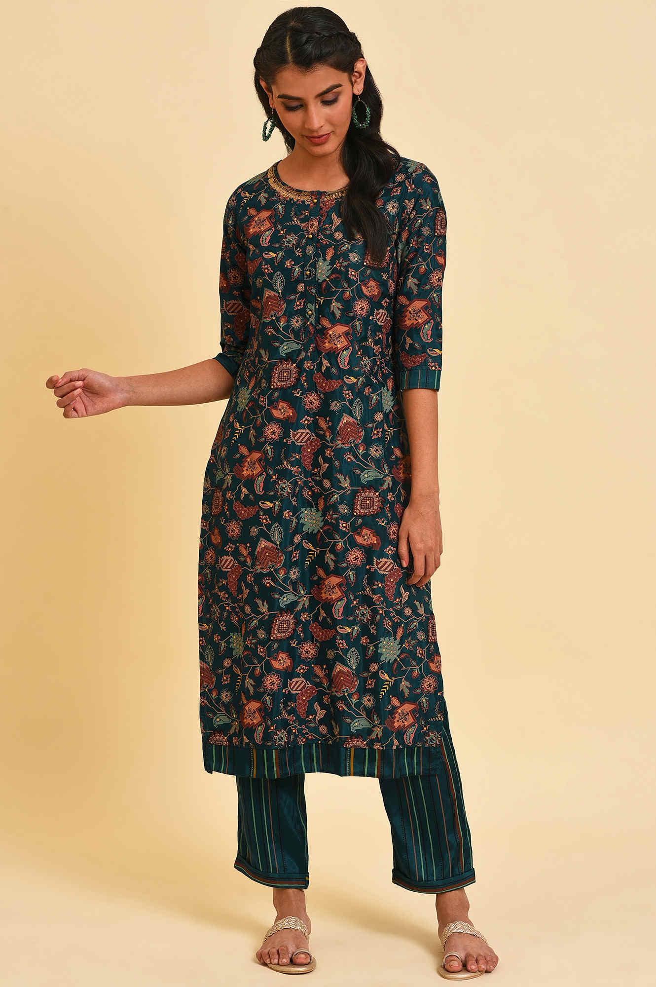 Teal Printed Embellished Neck Straight kurta - Image 6