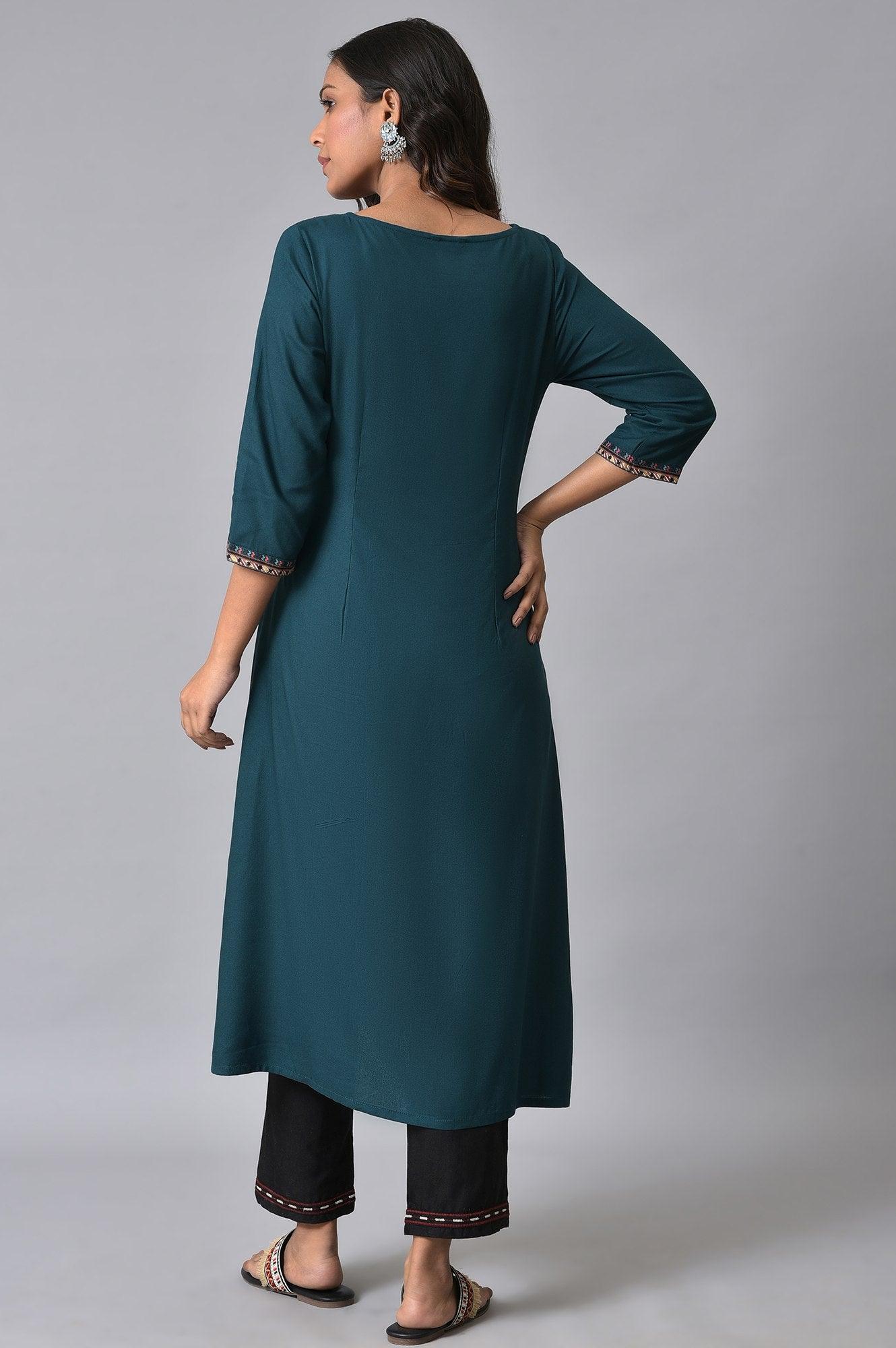 Teal Printed Mock-Layer kurta Set - Image 2