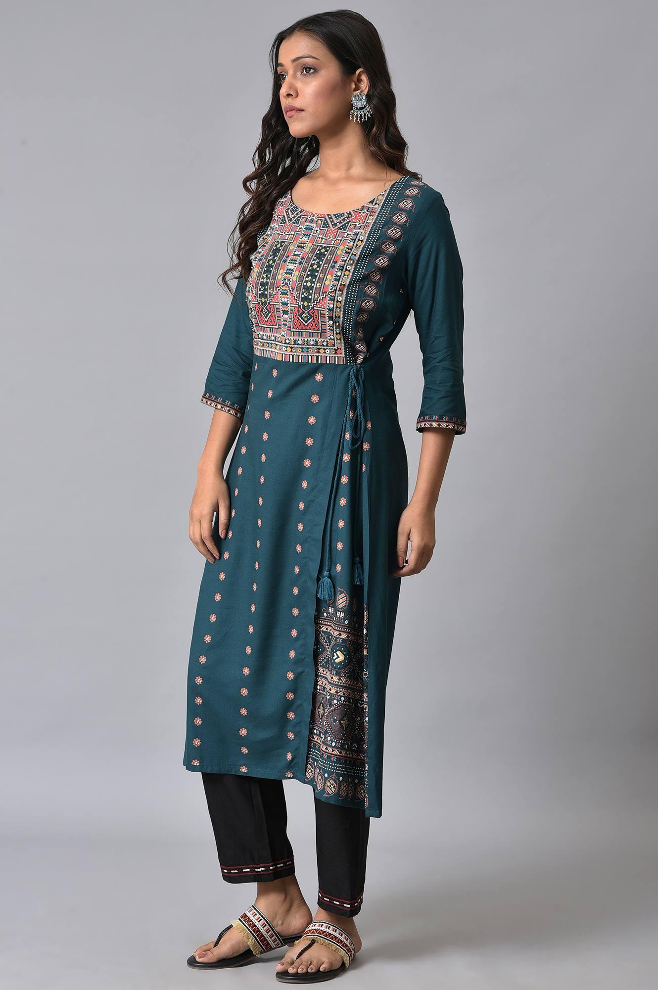 Teal Printed Mock-Layer kurta Set - Image 3