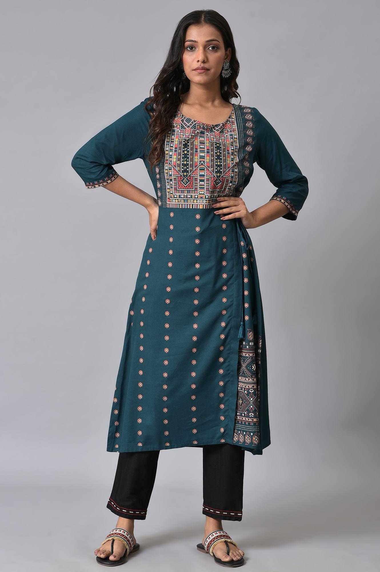 Teal Printed Mock-Layer kurta Set - Image 9