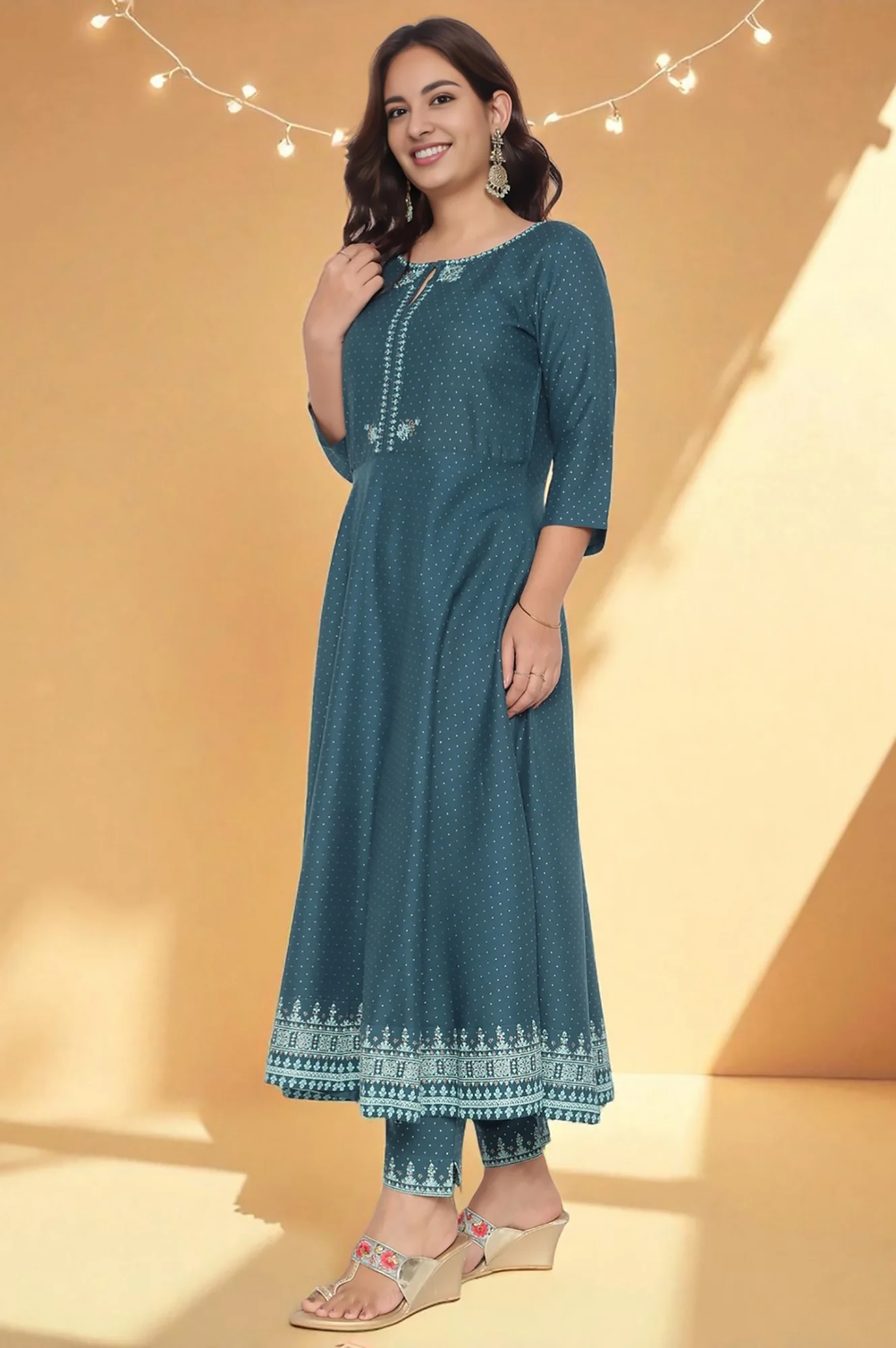 Teal Printed Rayon Kurta and Straight Pant Set - Image 3
