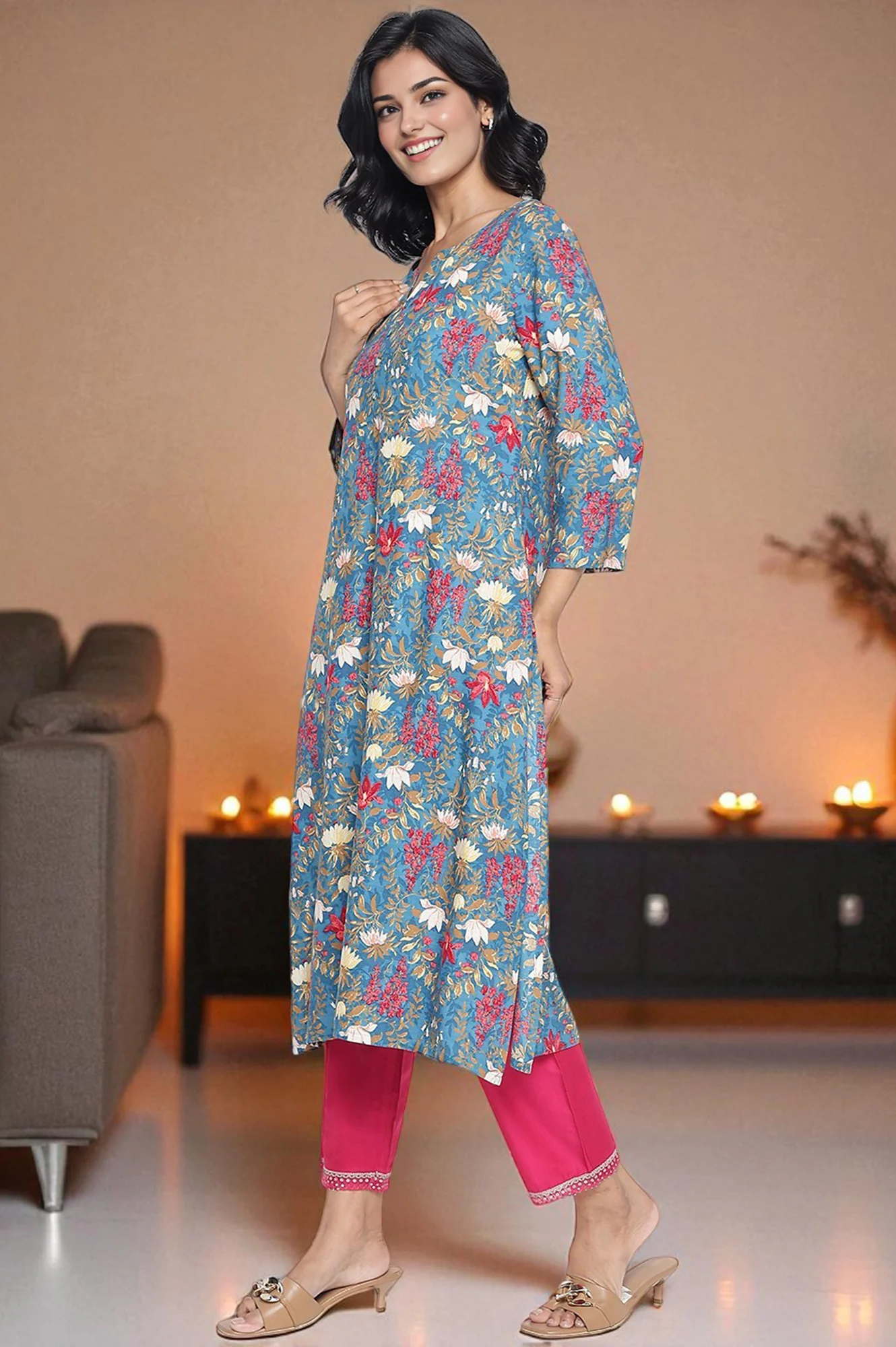 Teal Printed Rayon Straight Kurta - Image 3