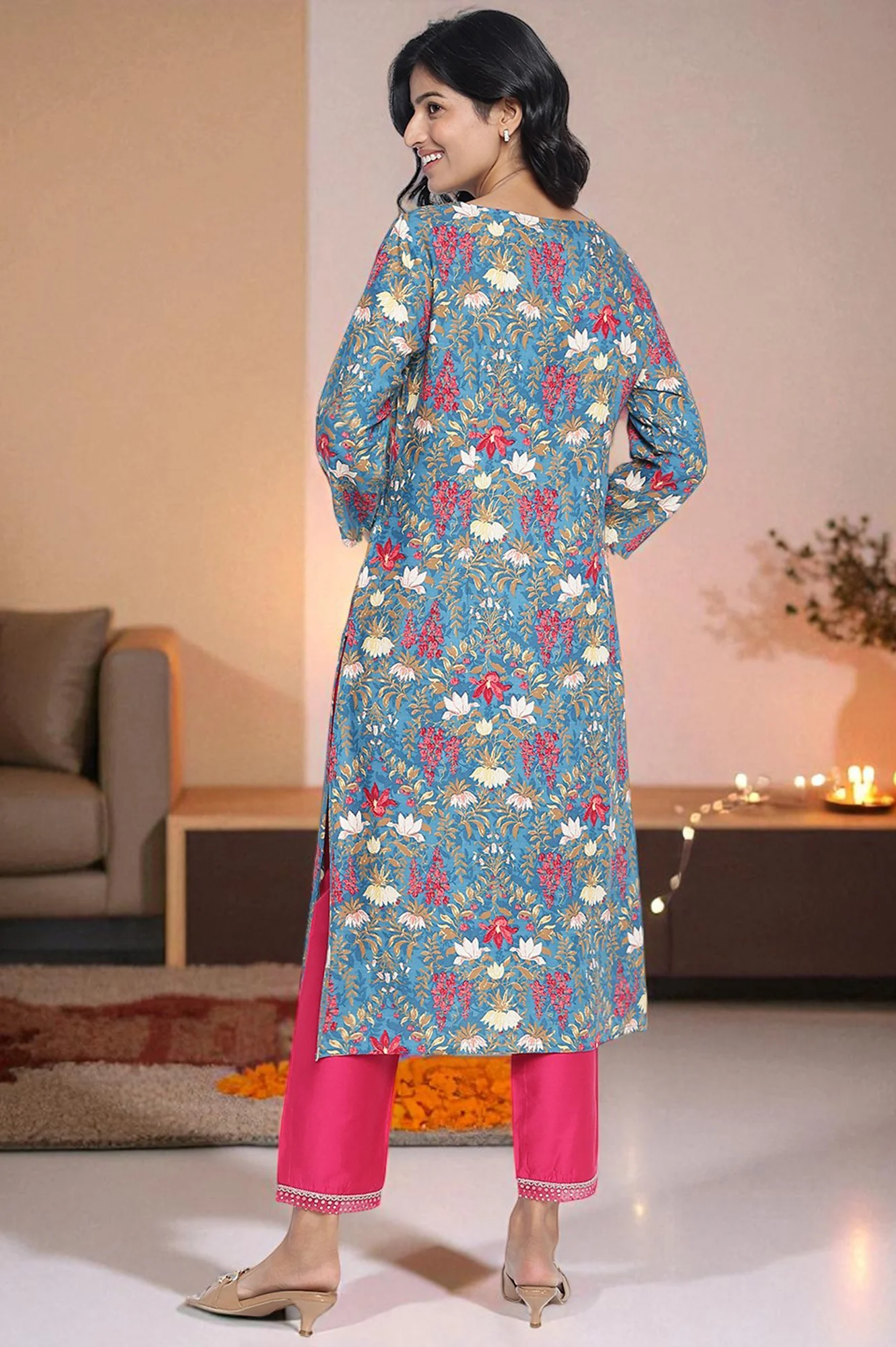 Teal Printed Rayon Straight Kurta - Image 4