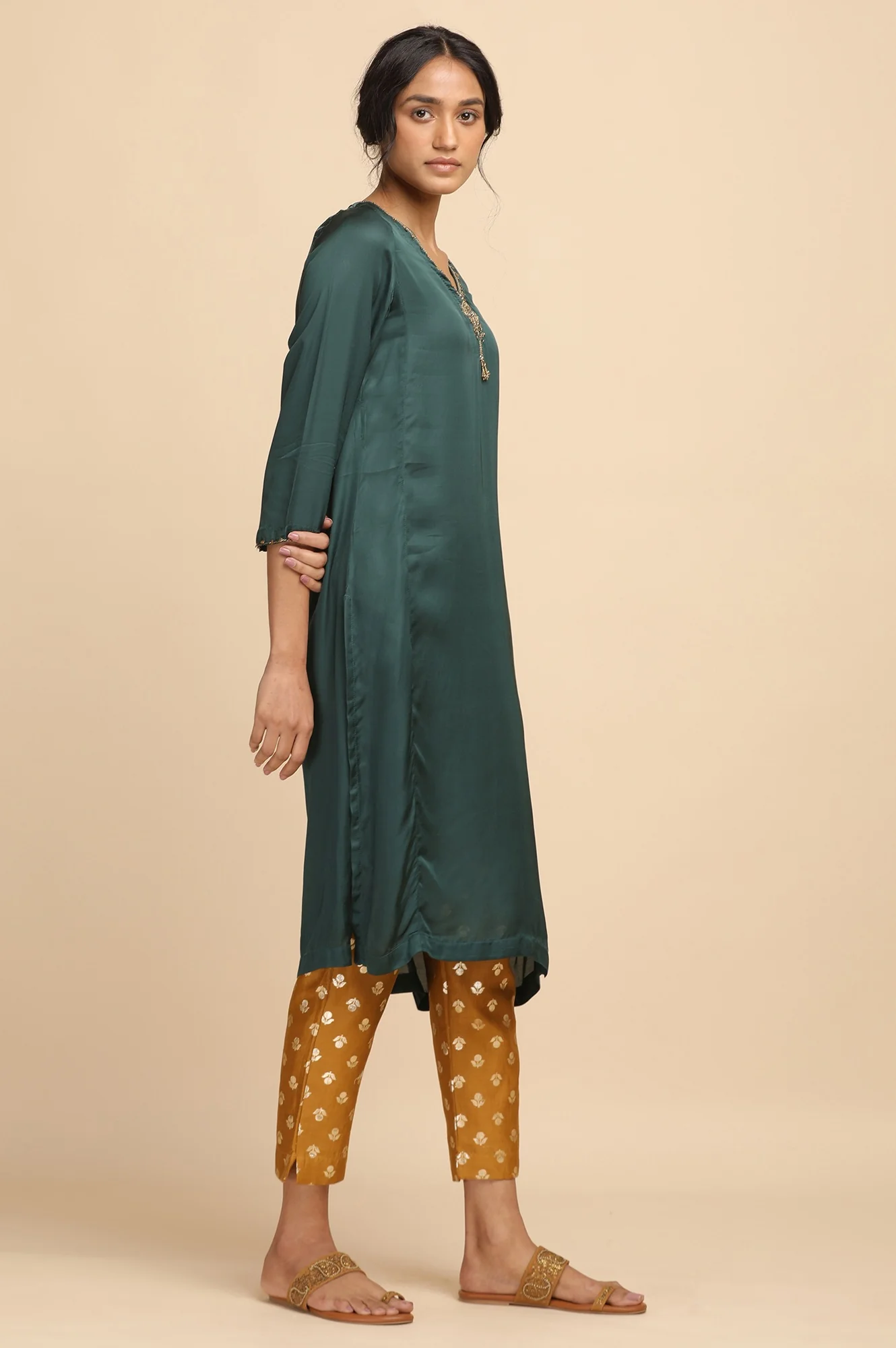 Teal Solid kurta in lustrous Modal Satin - Image 4
