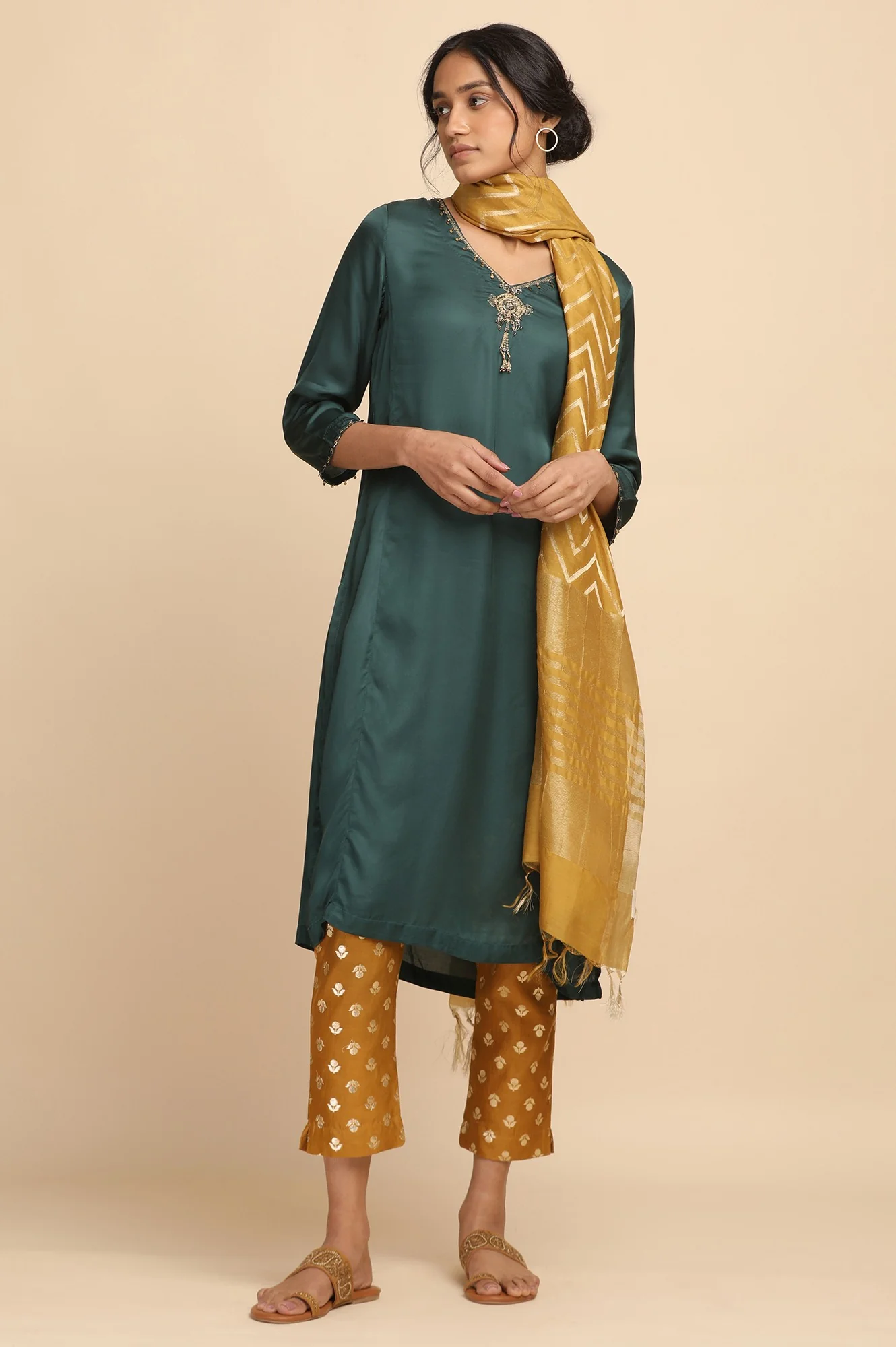 Teal Solid kurta in lustrous Modal Satin - Image 5
