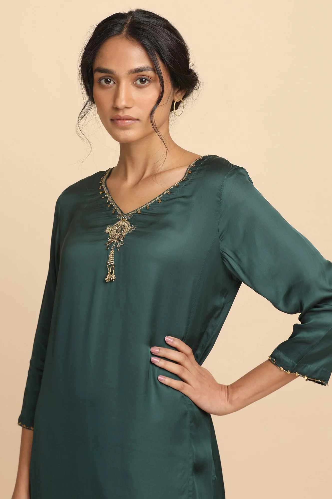 Teal Solid kurta in lustrous Modal Satin - Image 6