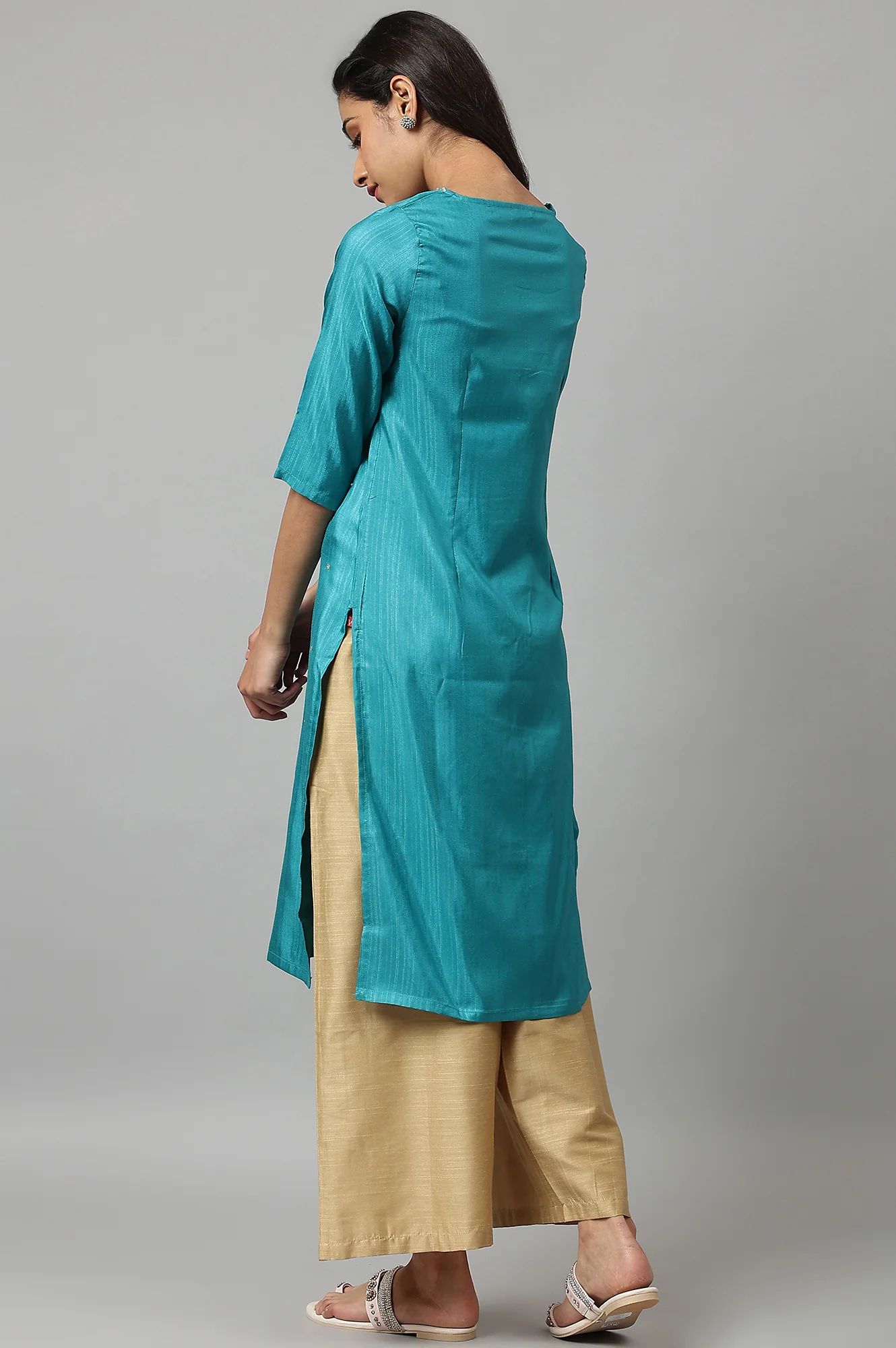 Teal Straight kurta With Sequin Highlight - Image 3
